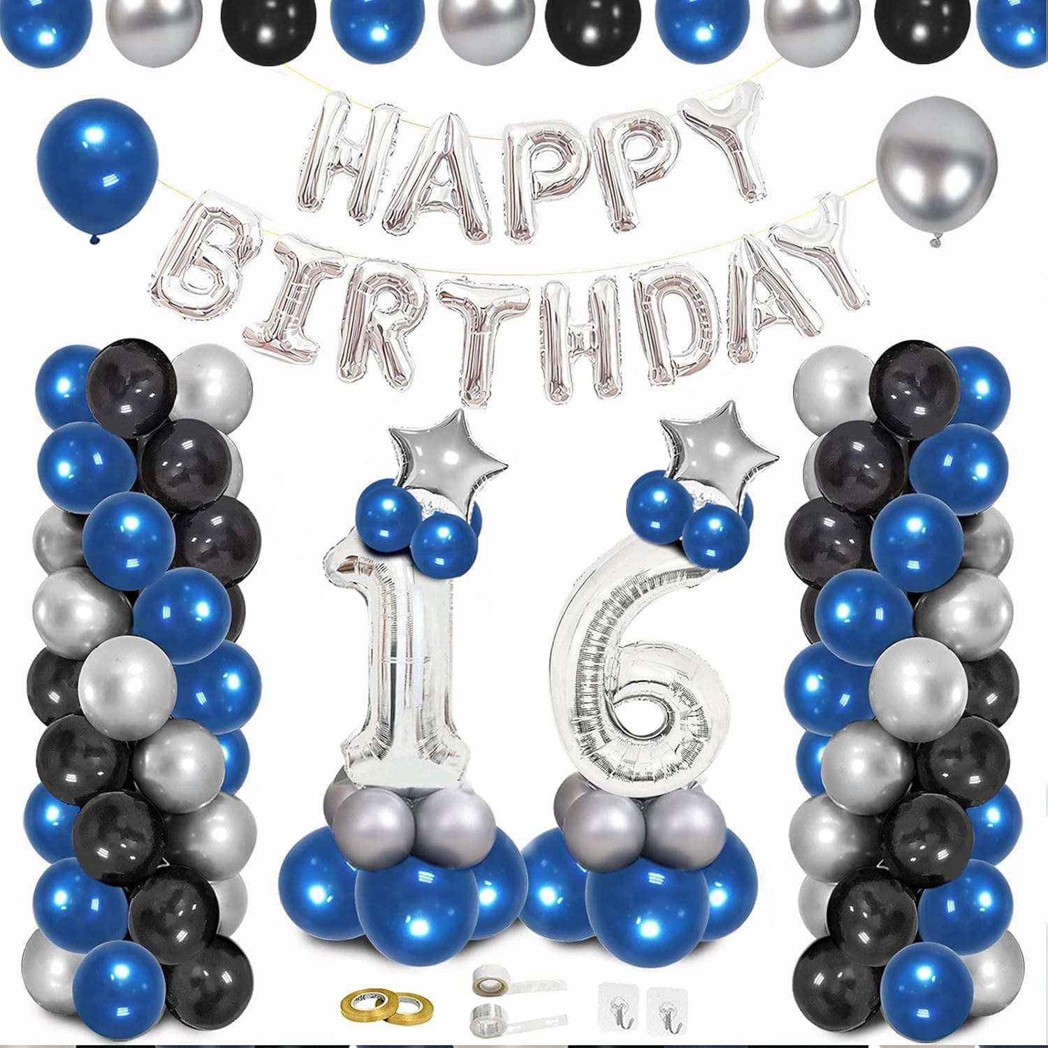 Elecrainbow Sweet 16 Birthday Decorations Kit for Navy Blue,Black & Silver Theme Birthday Party Supplies,Happy Birthday Banner,Pearl Balloons,Star Foil Balloons,Dots,Hooks,Ribbons and Strip Included