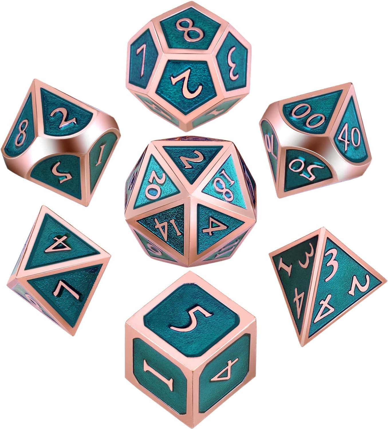 7 Pieces Metal Dices Set DND Game Polyhedral Solid Metal D&D Dice Set with Storage Bag and Zinc Alloy with Enamel for Role Playing Game Dungeons and Dragons, Math Teaching (Rose Gold Edge Dark Green)