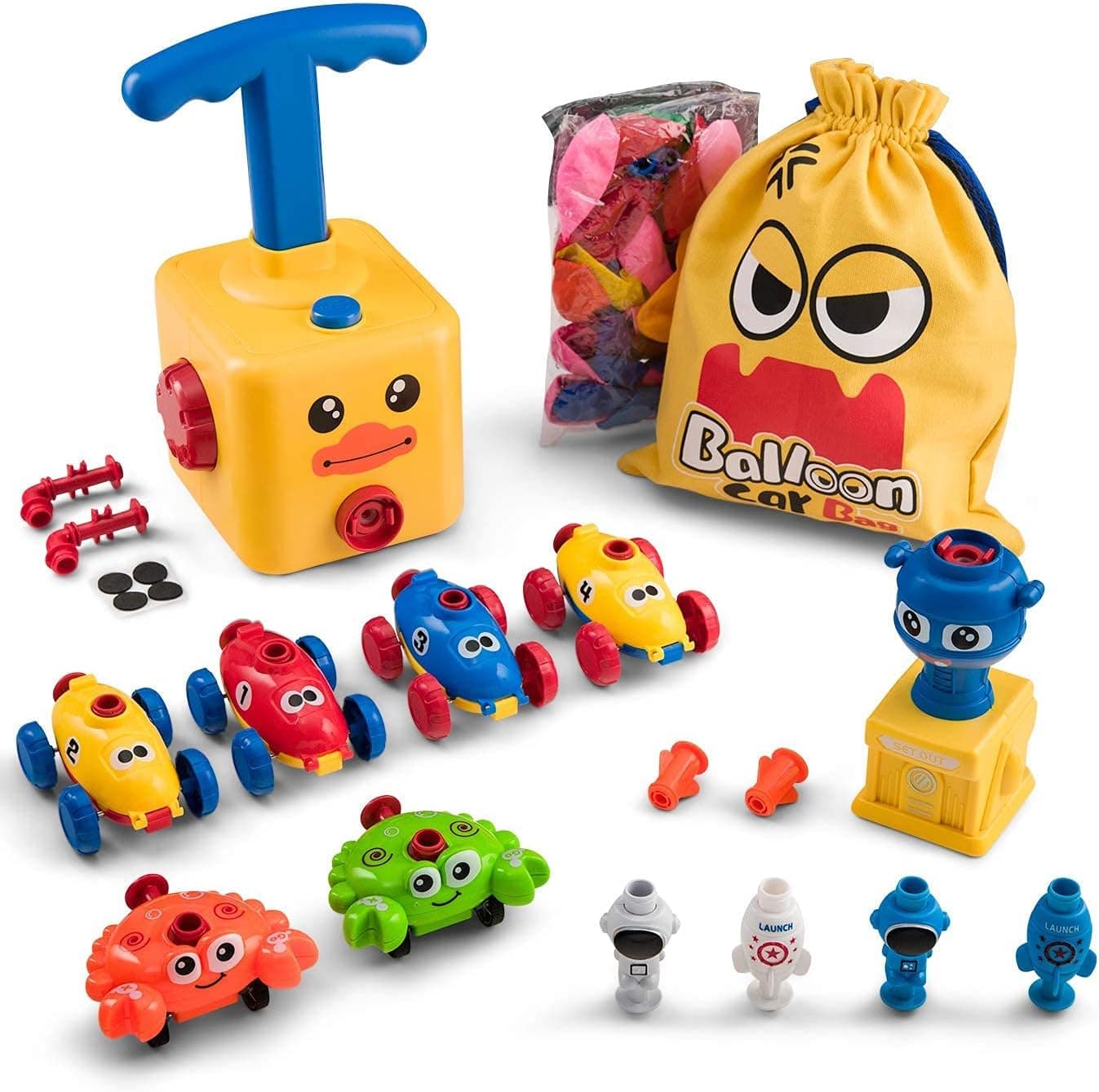 KIDDEO Balloon Launcher Toy Set. 71pcs - Duck Face Pump, 50 Balloons, Rocket Launcher Pad, 12 STEM Toys, incl 4 Balloon Powered Car Toys, 2 Spaceship Toy, 2 Astronaut Figure and More. For Kids 3+