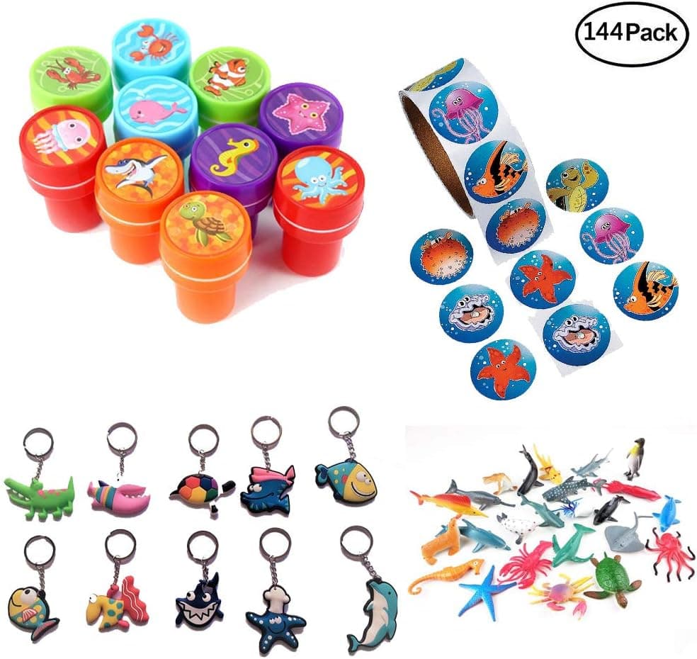 iMagitek Ocean Sea Animal Party Favors - 10 Sea Animal Stampers, 100 Sea Animal Stickers, 24 Pack Small Sea Animal Toys and 10 Pack Ocean Animal Keychains Toys