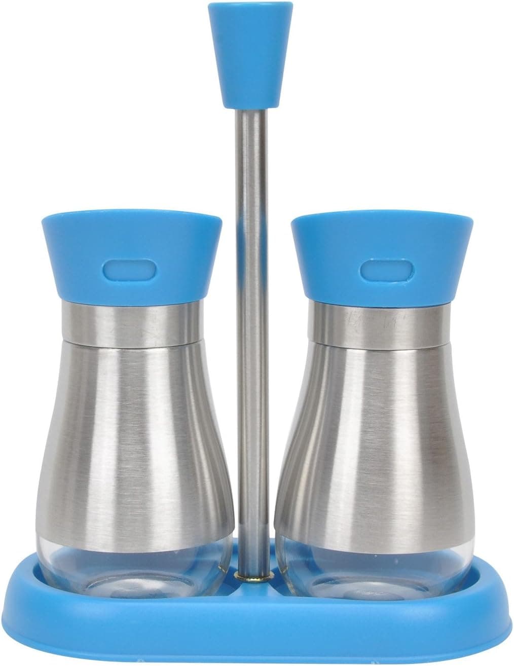 Evelyne 2-Piece Salt & Peppet Shakers Cruet Set Glass Bottle with Stainless Steel Cover Twist Rotating Top with Tray