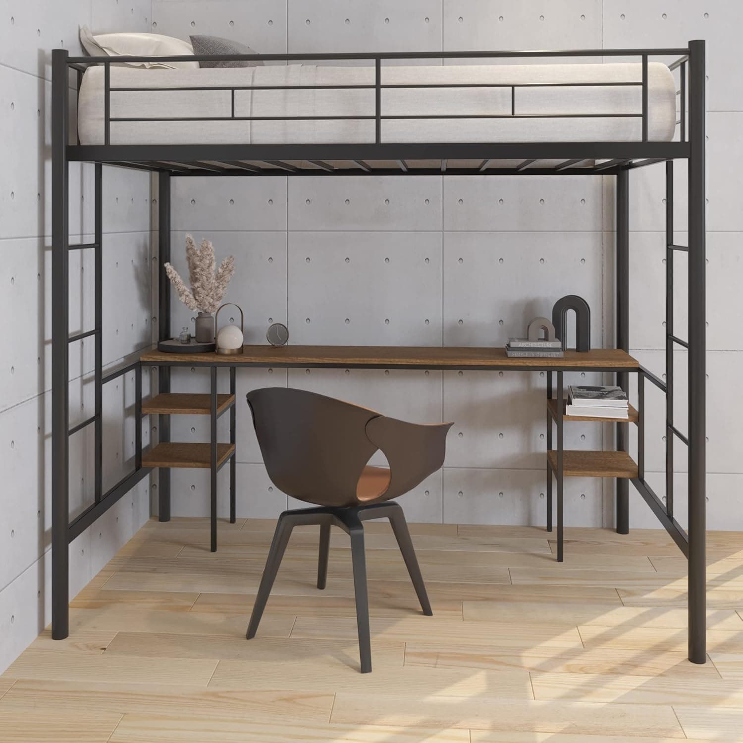 Twin Loft bunk Bed, CPC Certified, Metal Loft Bed Frame, Loft Bed with Desk and Storage, Space-Saving Bed Frame with Strong Board Slats, Full-Length Guardrails and 2 Built in Ladders