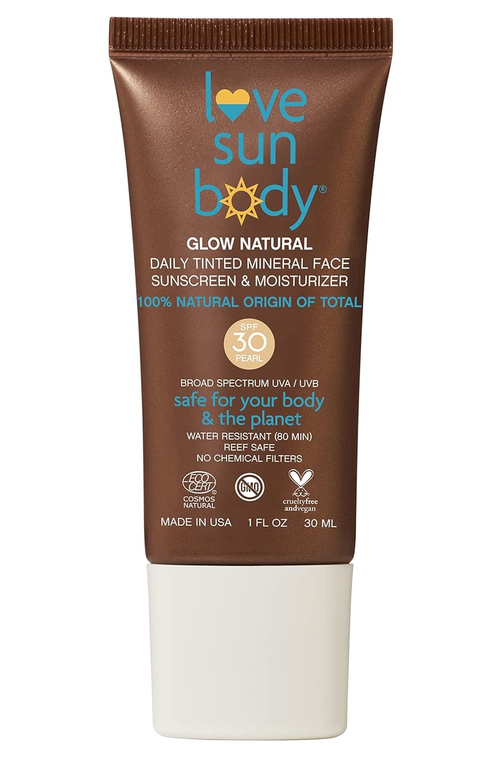 Love Sun Body 100% Natural Origin Glow Natural Daily Tinted Mineral Face Sunscreen & Moisturizer SPF 30 Broad Spectrum, Anti-Aging Sunblock Lotion, Sensitive Skin Safe, Travel Size, Reef Safe, Fragrance-Free, Cosmos Natural (Pearl)