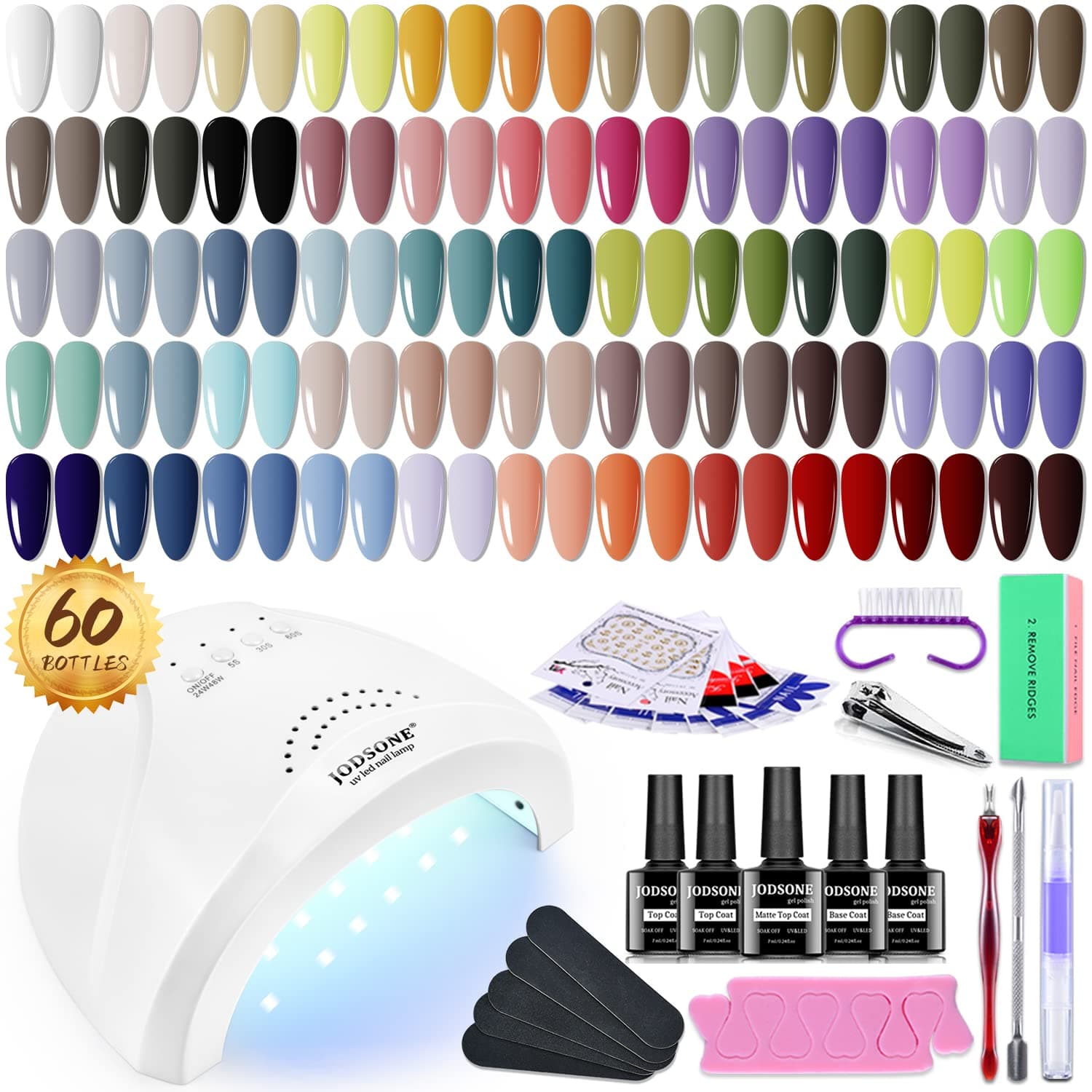 JODSONE 60 PCS Gel Nail Polish Kit with U V Light 55 Colors No Wipe Beautiful Colors Nail Gel Polish Base Top Coat Manicure Gifts for Salon and at Home