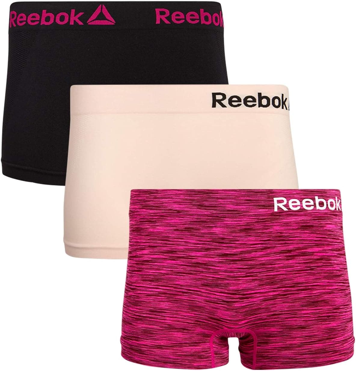 Reebok Women's Underwear - Seamless Boyshorts (3 Pack) (Purple Print/Pink/Black, Medium)'
