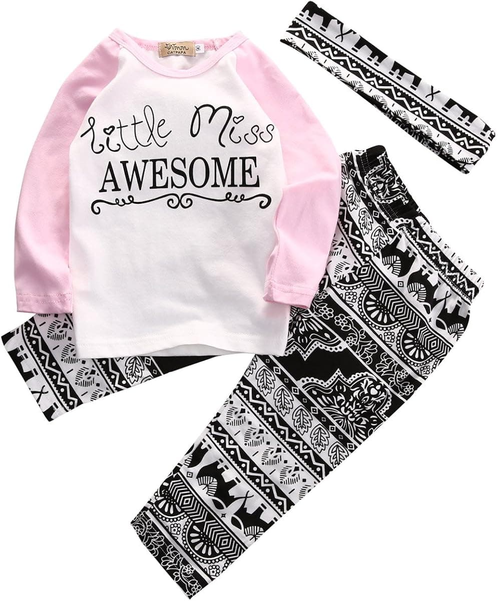 Baby Girl 3pcs Outfit Set Letter Print Long Sleeve Top+Retro Long Pants+Headband (0-6Months, White)