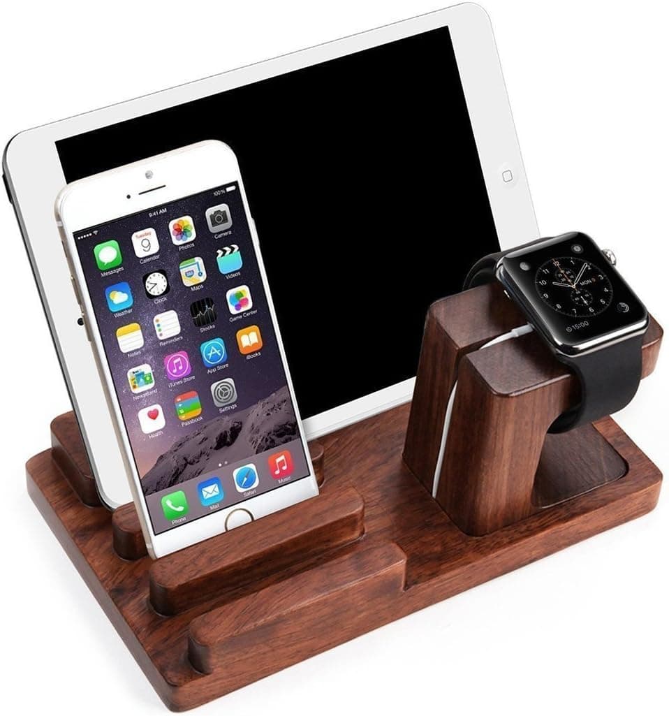 Wooden Ipad Stand JUN-Q Wooden Charge Dock Holder for iWatch and Docking Station Cradle Bracket for iPod, iPhone, iPad and Smartphones and Tablets, Dark Brown