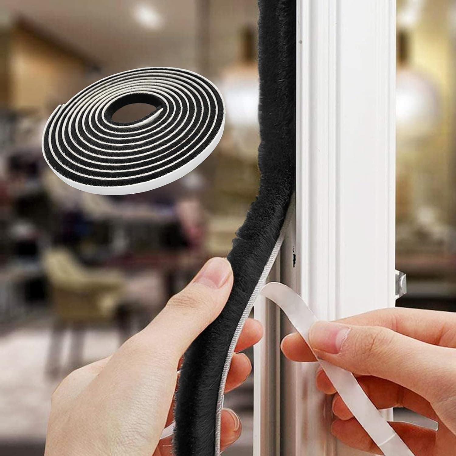 Tooperze Weather Stripping for Door,Self Adhesive Brush Window Seal Strip for House Windows Weatherproof Soundproof Dustproof 16.8 FT Length Black