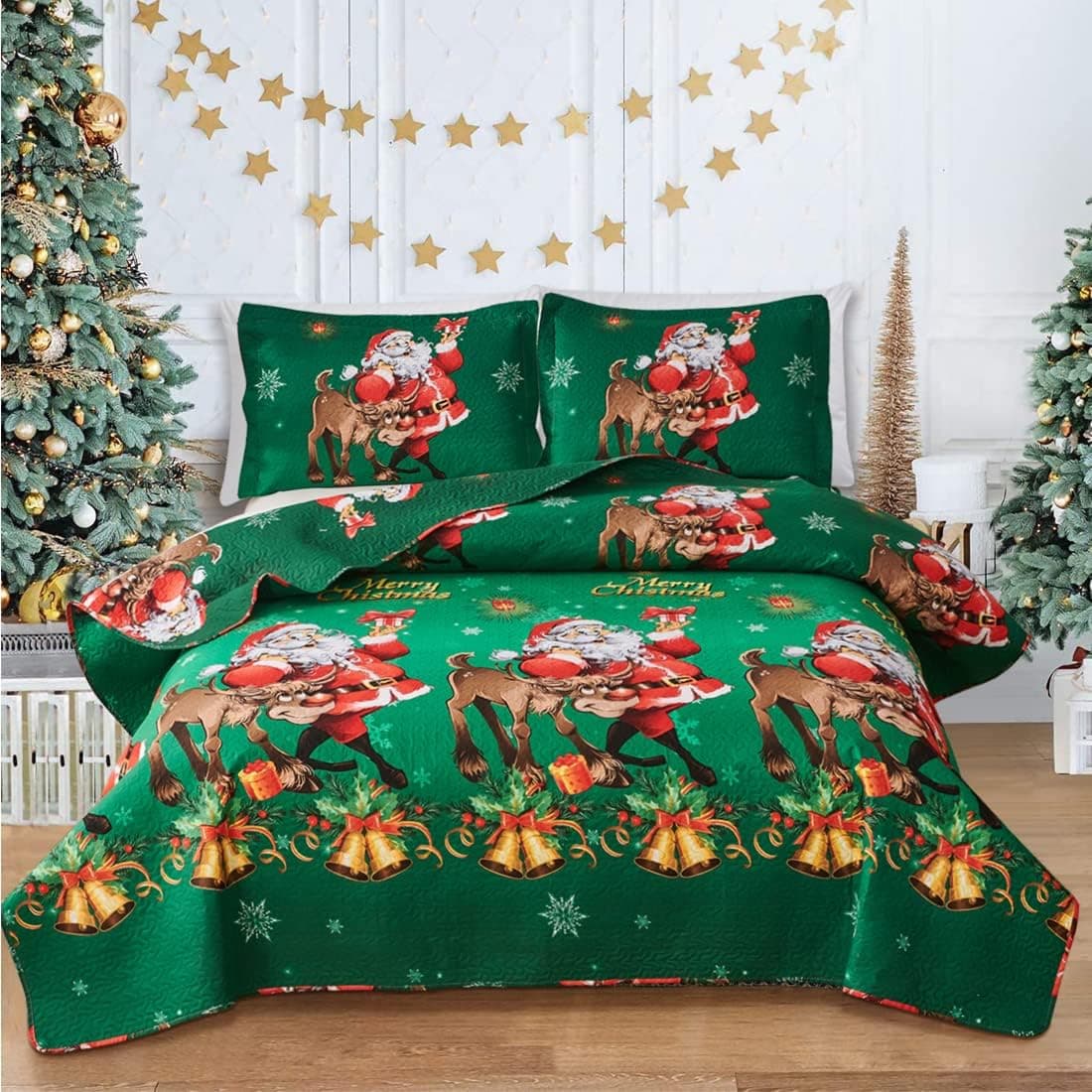 Oliven Green Christmas Bedding Quilts King Size Xmas Santa Elk Bell Bedspread New Year Gifts Lightweight Coverlet Blanket Holiday Home Decor