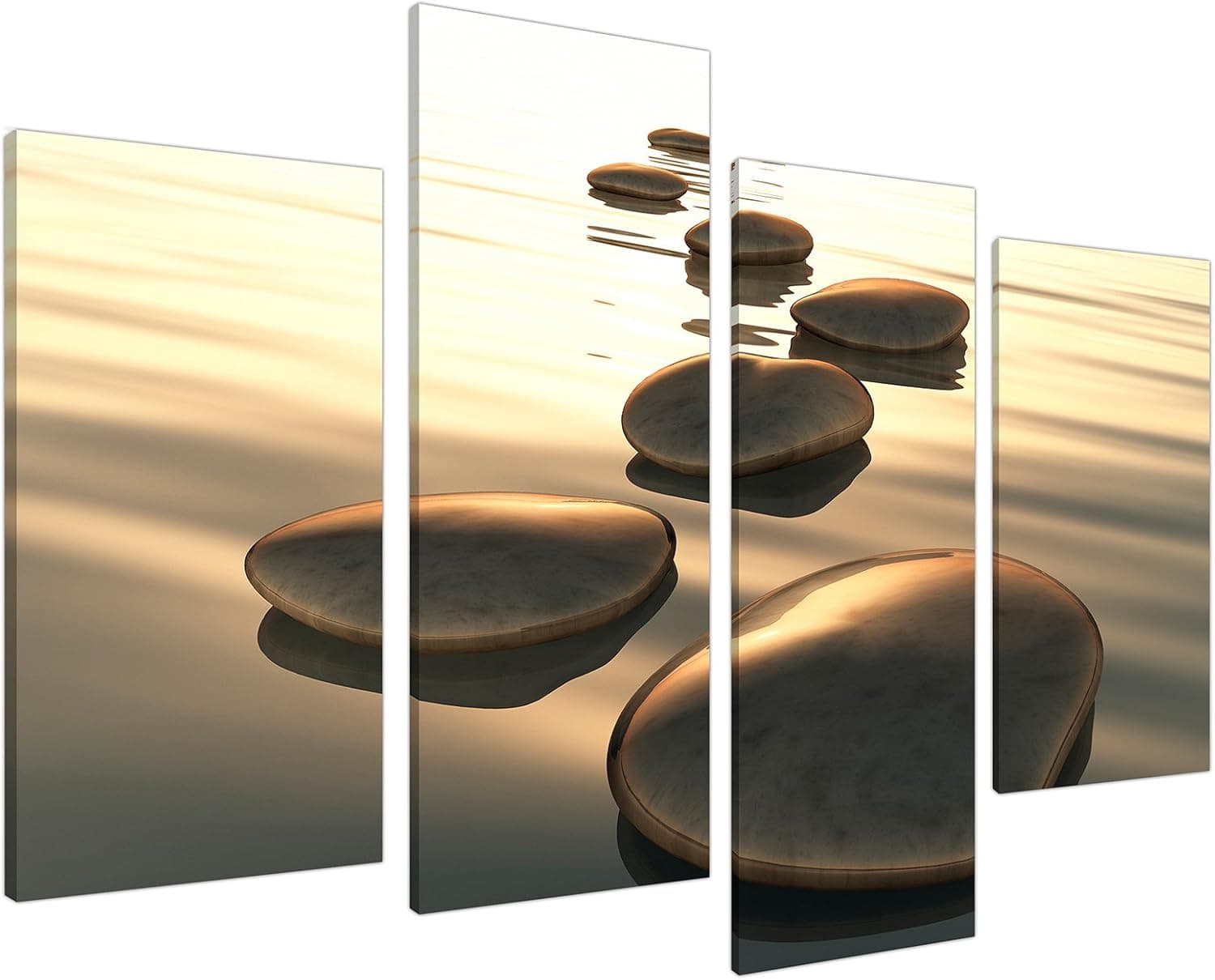 Brown Zen Canvas Wall Art Decor - Soothing Stones - Relaxing Framed Pictures for Bathroom Living Room or Bedroom - Set of 4 Panels - 130cm / 51" Wide