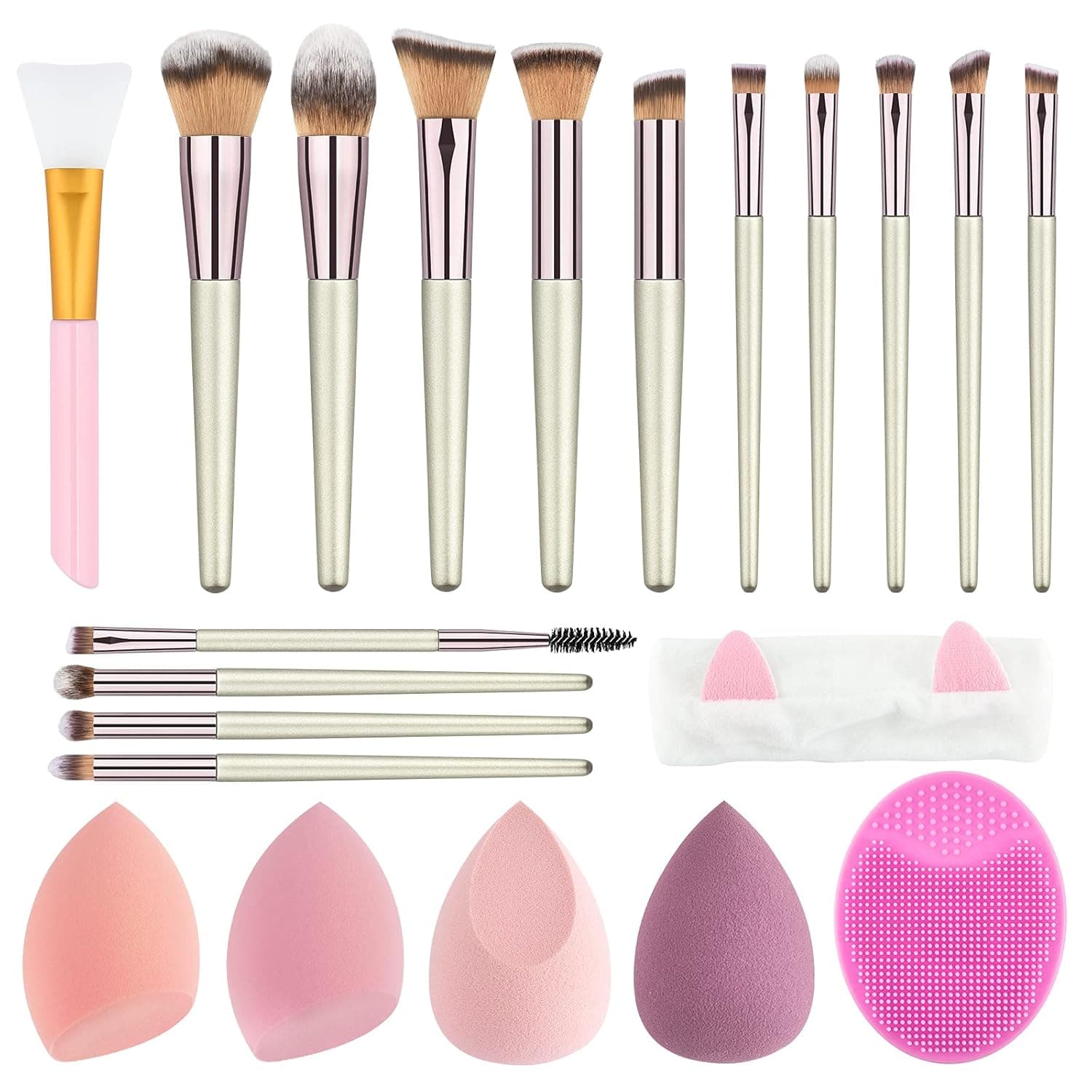 LighSele Makeup Brush Set, 14 Makeup Brushes with 4 Makeup Sponges & 1 Headband & 1 Face Brush, Premium Synthetic Foundation Powder Concealer Eyeshadow Blush Make up Brushes Set, Champagne Gold