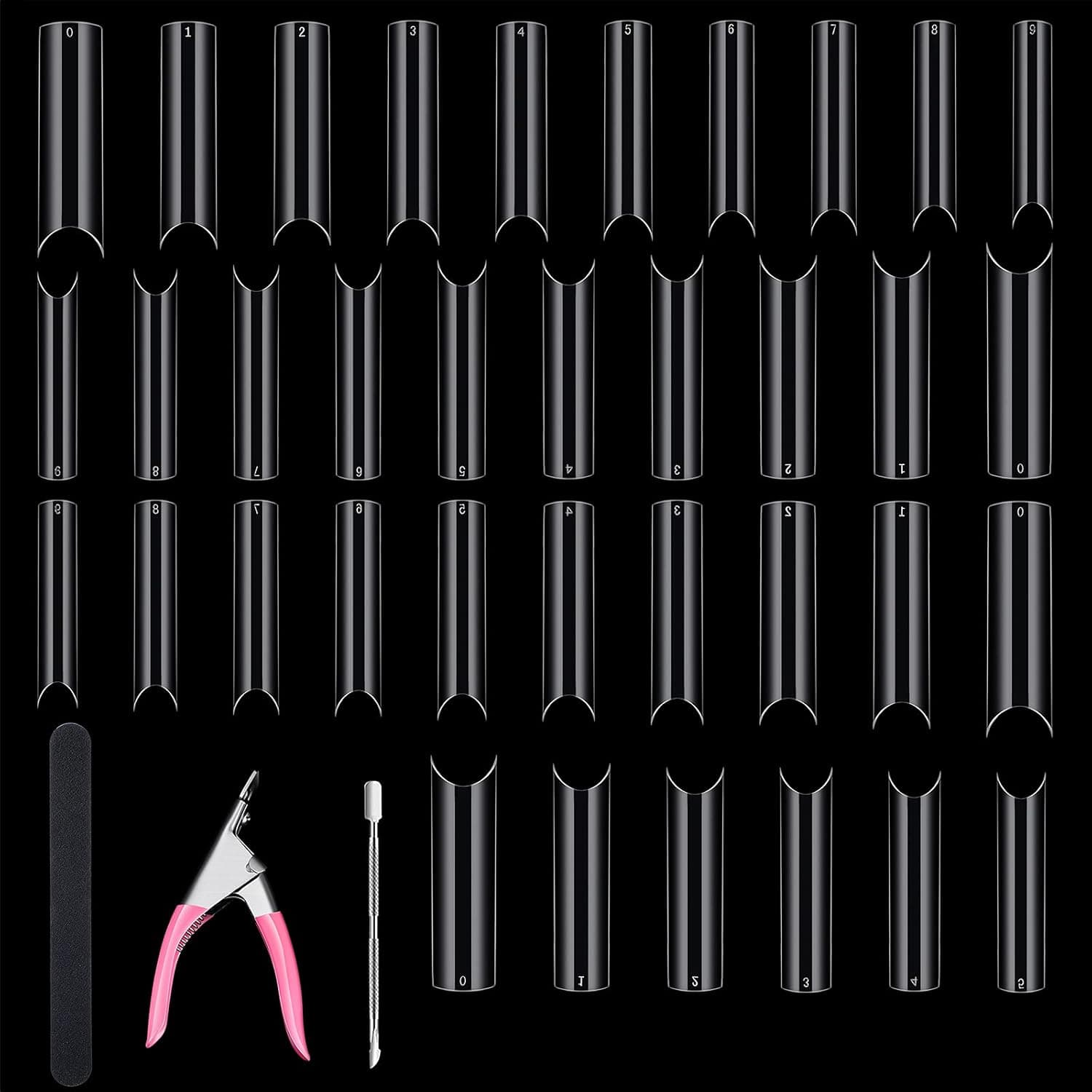 800 Pieces Extra Long C Curve Half Cover Nail Deep C Curved Square Shape French False Nail with Nail Cutter Sponge Polishing Cuticle Pusher Extra Long Straight Square Tip for Acrylic Nail