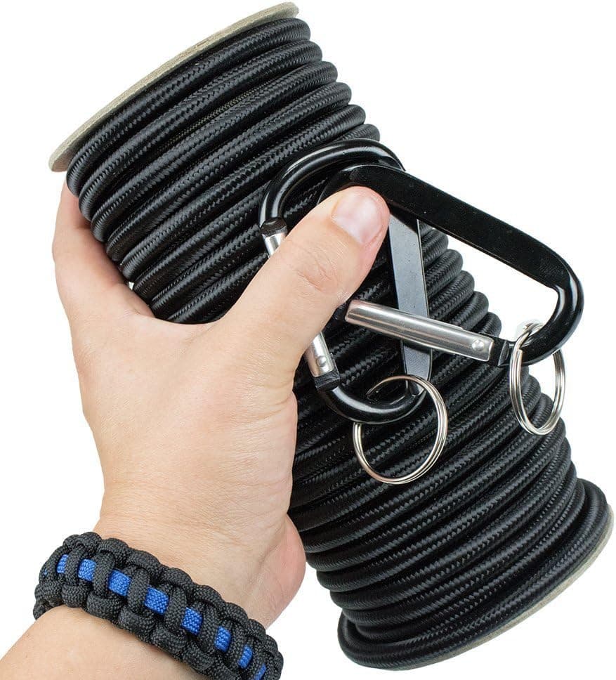 Marine Grade Shock Cord with 2 Carabiners - 6 Colors of USA Made Bungee, Stretch, and Elastic Cord - 1/8, 3/16, 1/4 Inch on 25, 50, and 100 Foot Spools (Neon Orange, 1/8 Inch x 50 Feet)