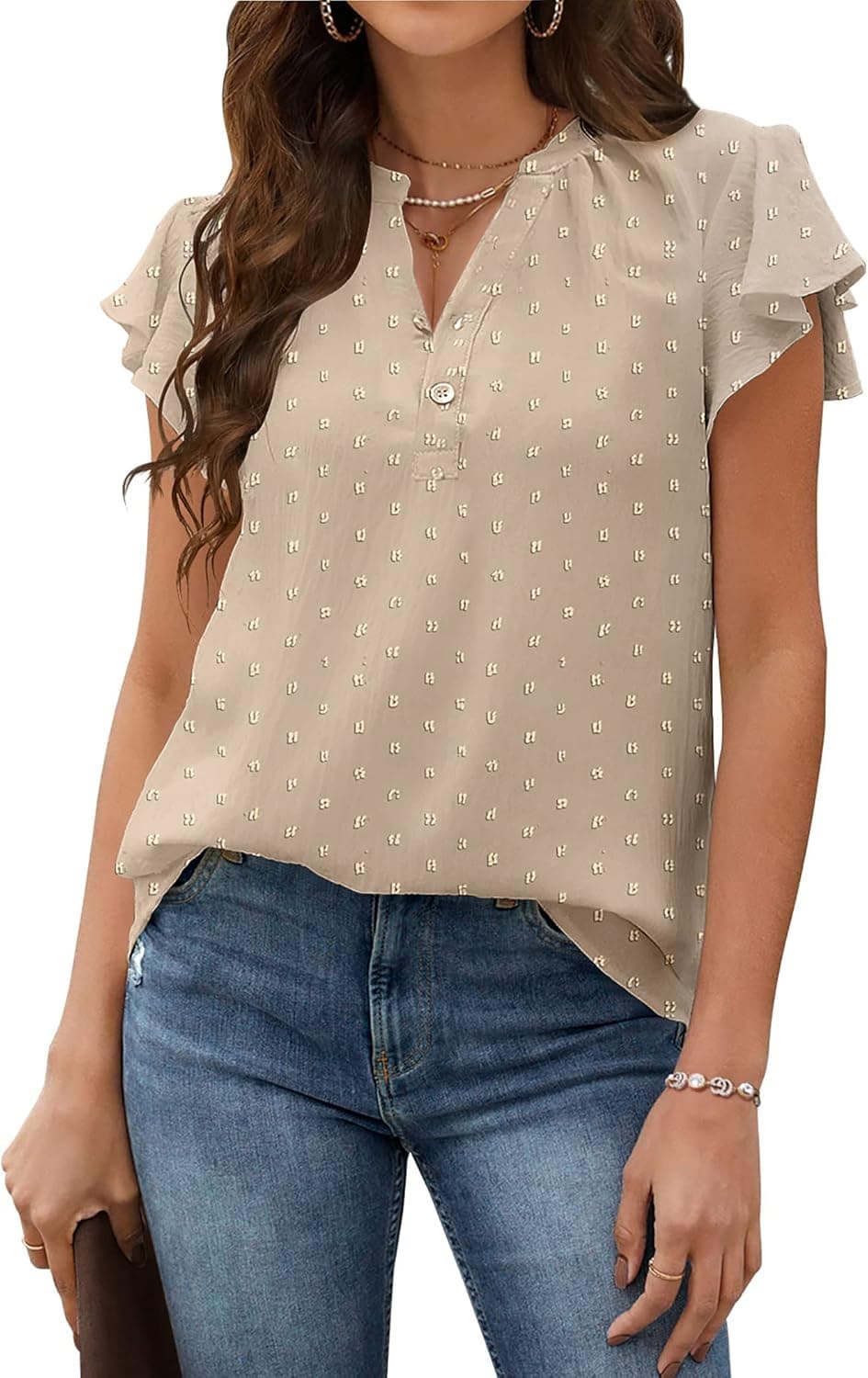 Zeagoo Womens Blouse V Neck Ruffle Short Sleeve Swiss Dot Tops Button Casual Shirts S-XXL
