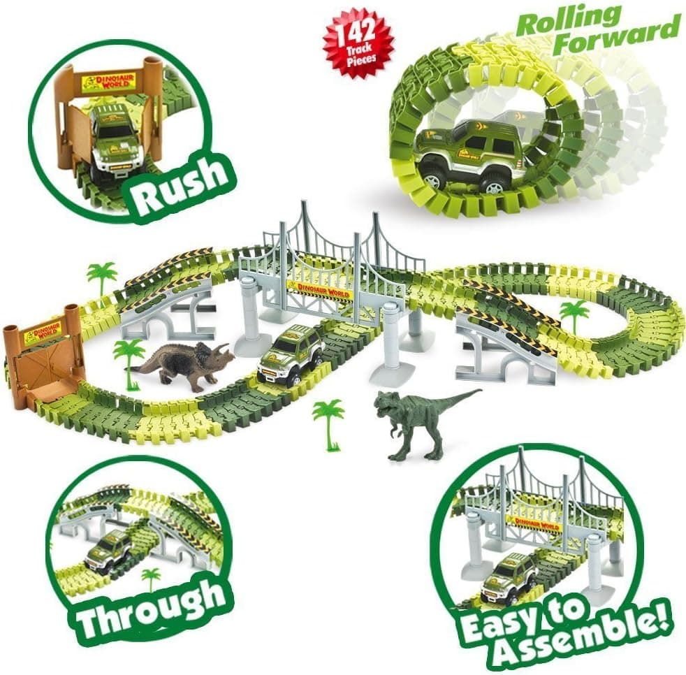 GAMZOO Race Car Tracks Toy Set for Boys 2,3,4 Years Olds with 142 Pieces Flexible Race Track, 2 Dinosaurs, 1 Military Vehicles, 4 Palm Trees, 2 Slopes and 1 Hanging Drawbridge