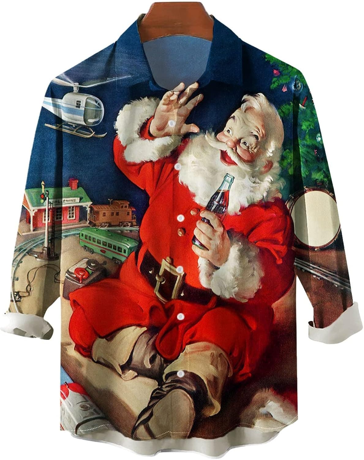 QIVICIMA Mens Halloween Christmas Shirts Long Sleeve Button Down Shirts Party Santa Print Aloha Shirts Tops
