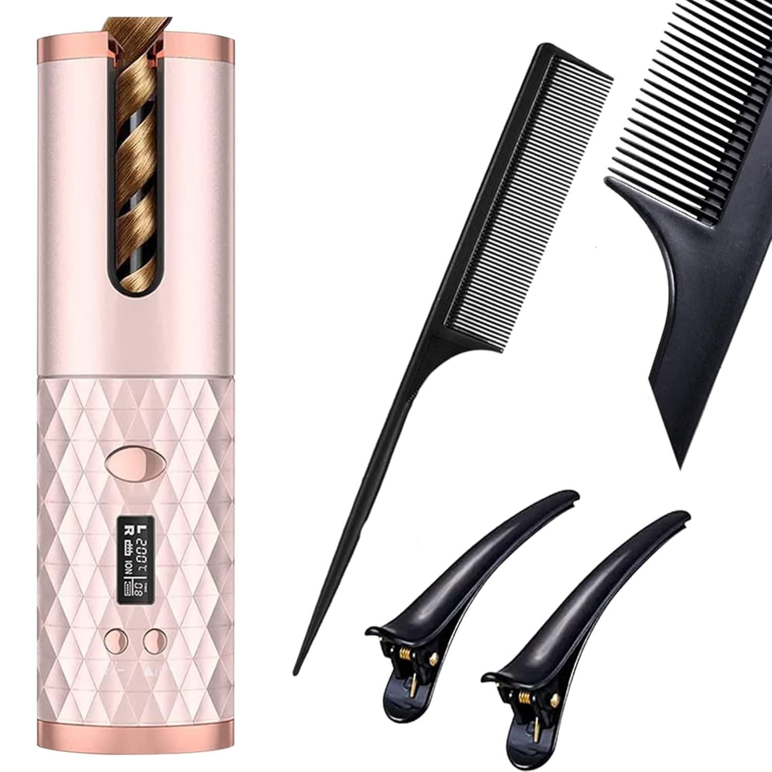 Portable Automatic Hair Curler | Wireless Ceramic Curling Iron | Cordless Self Curling Wand ● Adjustable Temperature ● Anti-Tangle ● Fast USB Recharge ● Travel Friendly