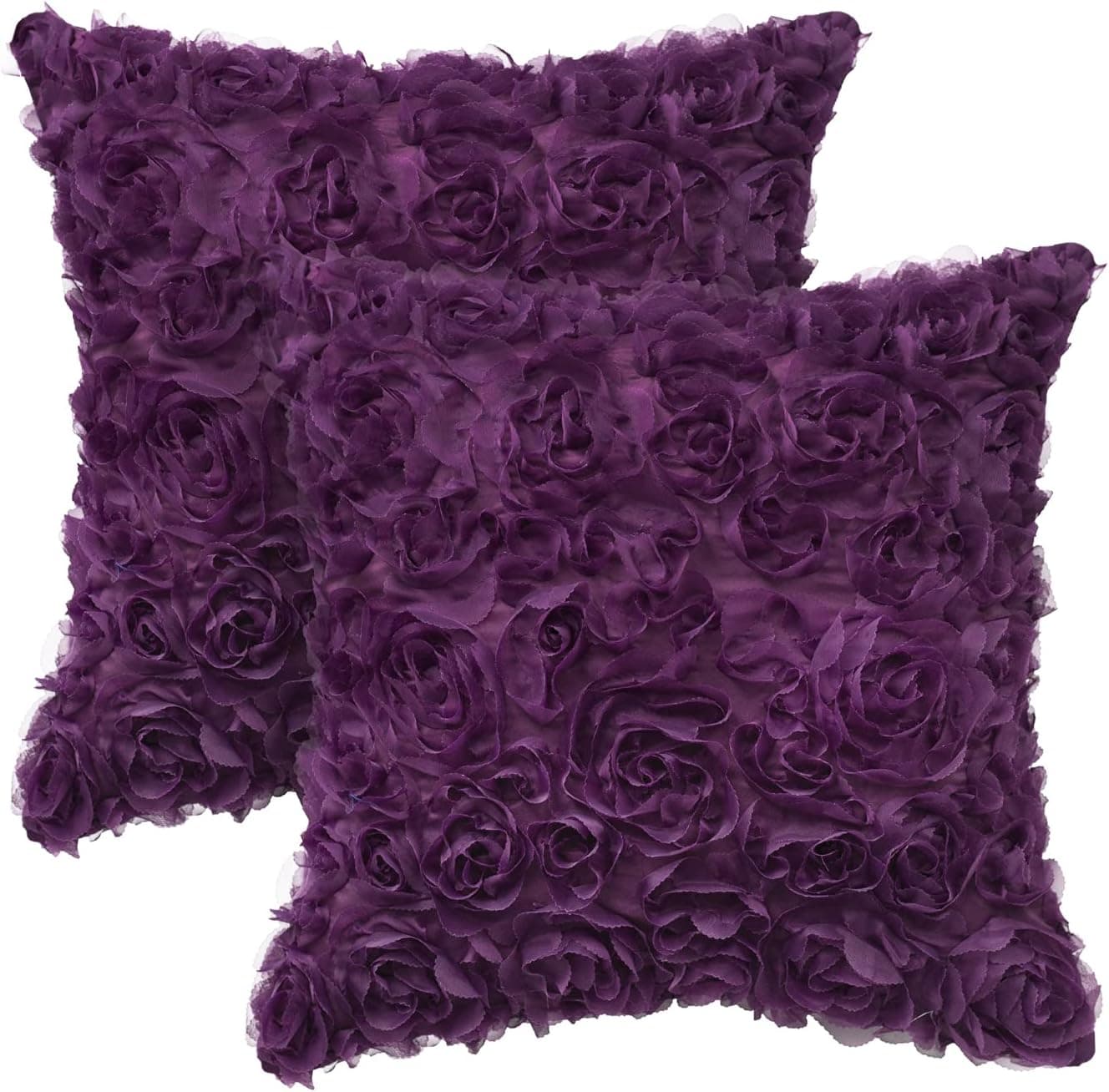 CaliTime Throw Pillow Cases Pack of 2 Solid 3D Stereo Chiffon Rose Flower Decorative Cushion Covers Shells for Couch Sofa Bedroom 20 X 20 Inches Purple