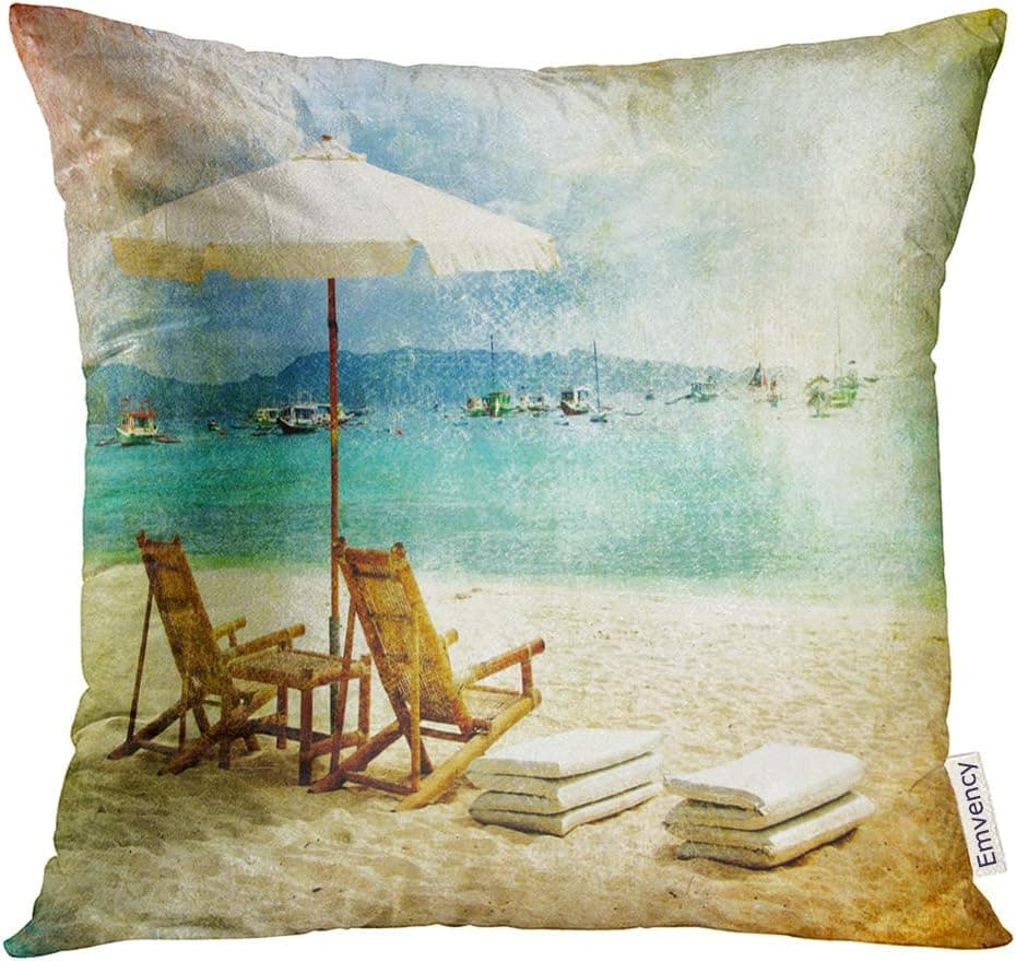 Golee Throw Pillow Cover Blue Vintage Tropical Beach Scene Retro Styled Cottage Decorative Pillow Case Home Decor Square 18x18 Inches Pillowcase