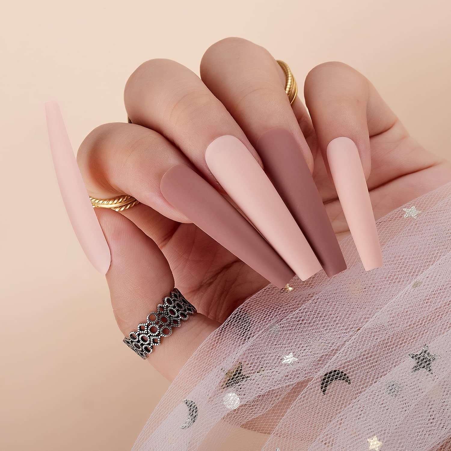 Makartt Press On Nails Kit XXL Long, Glue on Nails Acrylic Nail Tips Nude & Pink French Fake Nails 12 Sizes 24 Pcs Coffin False Nails with Nail Glue Nail Stick Adhesive Manicure for Nail Art Salon