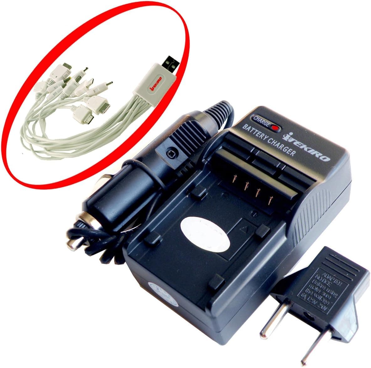 iTEKIRO AC Wall DC Car Battery Charger Kit for Vivitar Vivicam 6385U 8380 + iTEKIRO 10-in-1 USB Charging Cable