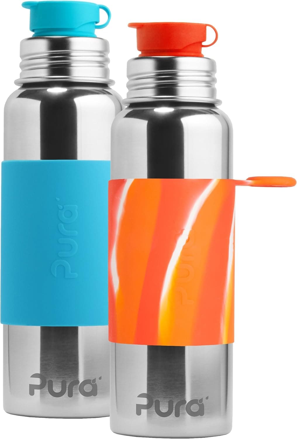 Pura Sport Stainless Steel Bottle with Silicone Sport Top, 100% Plastic Free 28 Ounce, Set of 2 - Aqua Blue and Orange Swirl