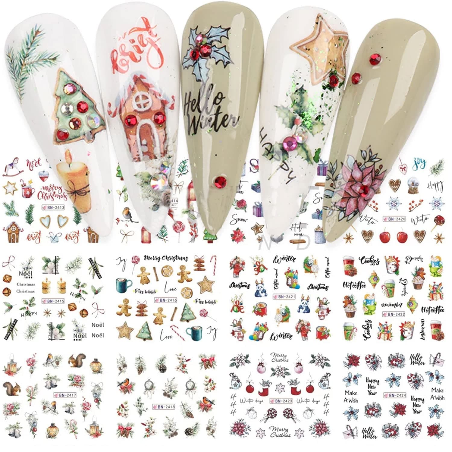Christmas Nail Art Sticker Snowflake Water Transfer Nail Sticker Decal for Acrylic Nail, Nail Art Decoration Supplies Santa Claus Christmas Tree Elk Snowflake XM Winter Nail Design for Women DIY