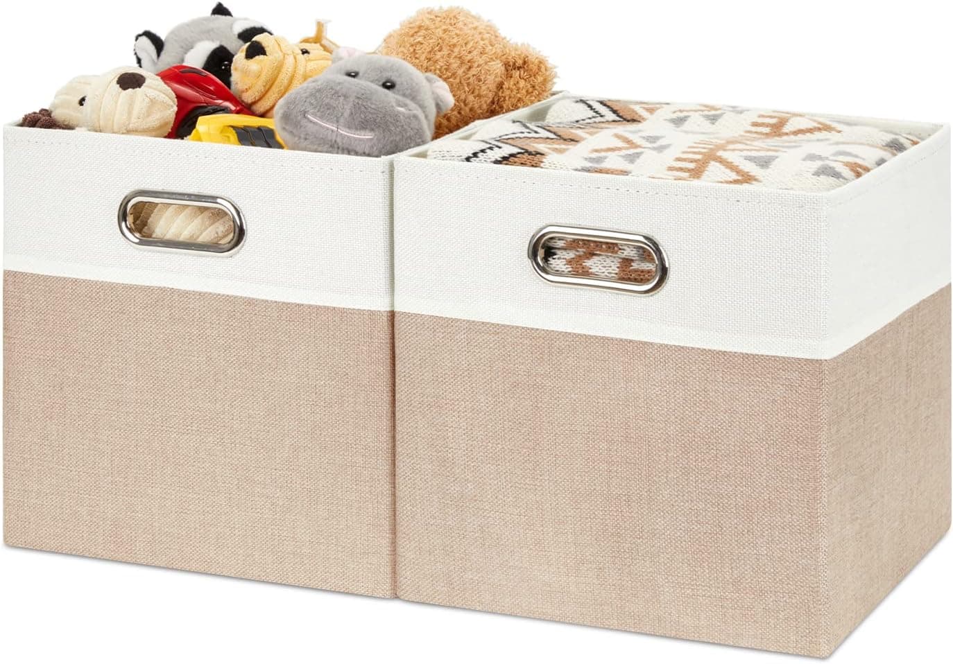 HNZIGE Fabric Storage Cubes Bins Baskets for Organizing,2 PCS Foldable Storage Baskets for Shelves,11 Canvas Boxes for Cube Organizer Toys, Books,Clothes,Home,Office(Beige White)