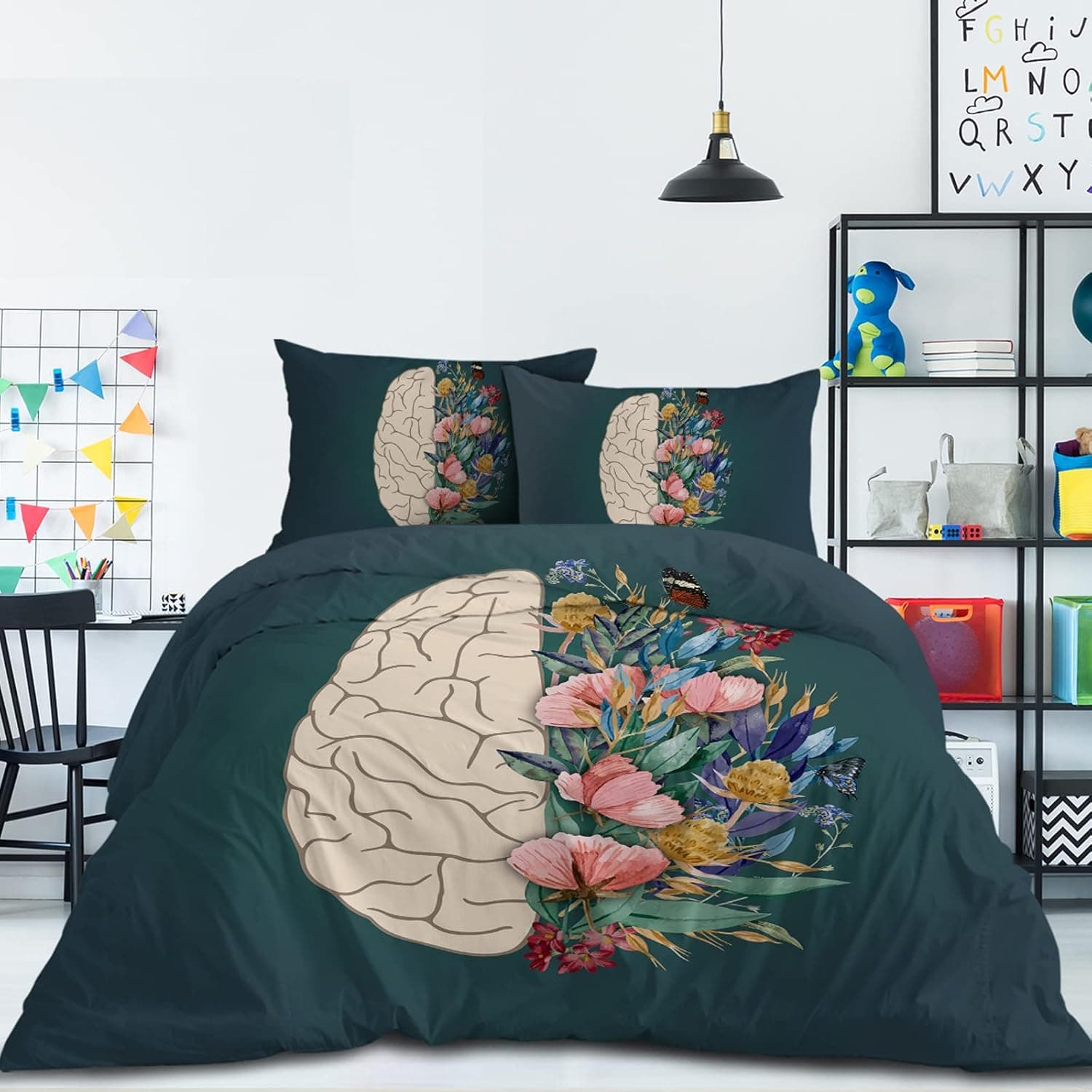 MILANKET Flowered Brain Anatomy Green Duvet Cover, Soft Bedding Set Sage Duvet Covers, Green Microfabric Bedding Comforter Cover with 2 Pillow Shams for Kid Teens Adult, Queen Size