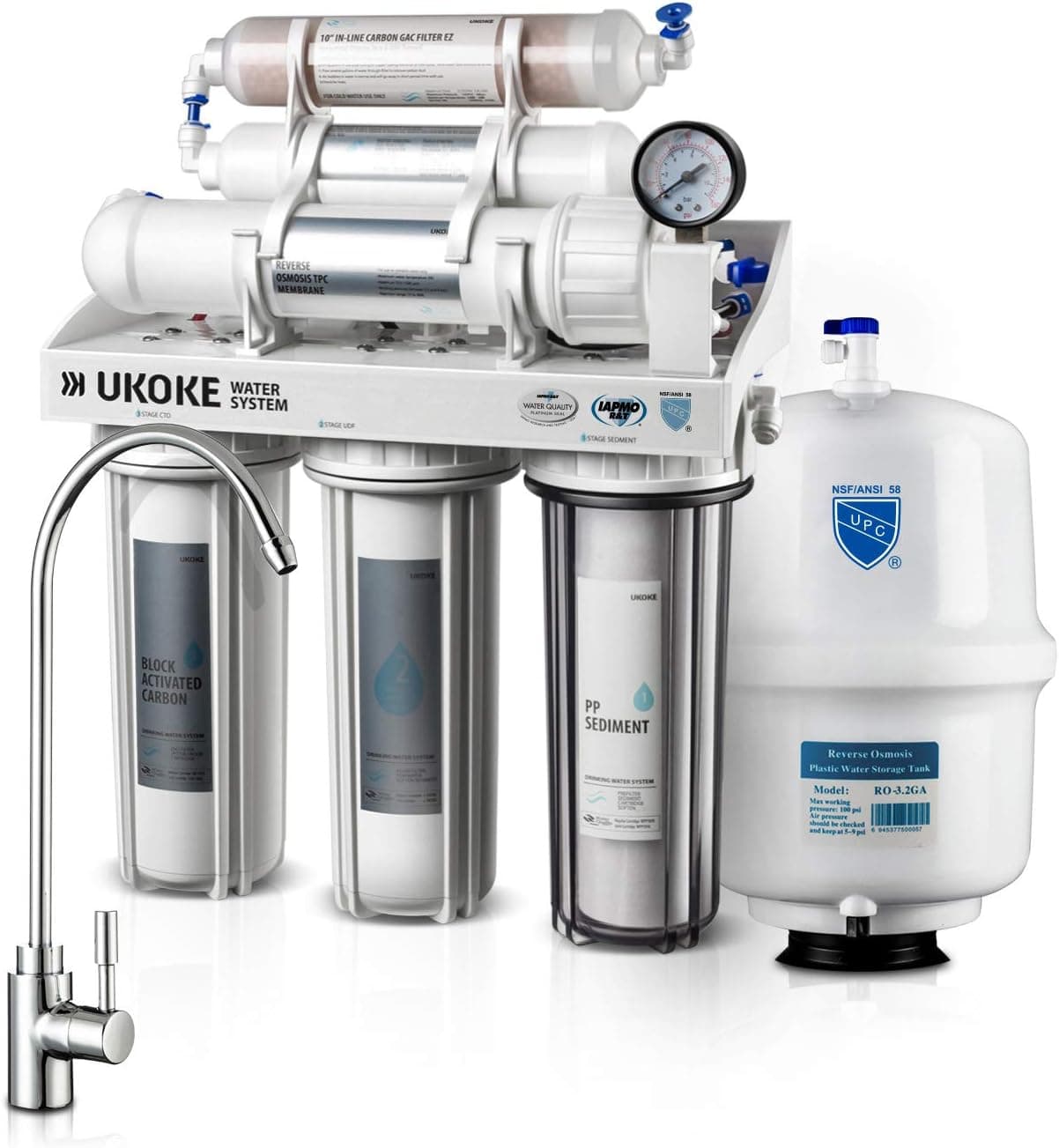 Ukoke RO75G 6 Stages Reverse Osmosis Water Filtration System, Under Sink pH+ Alkaline Remineralizing RO filter & Softener, NSF/ANSI 58 & IAPMO Platinum Seal Certified, 75 Gallon Per Day White