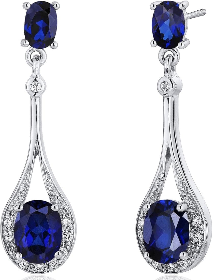 Peora Created Blue Sapphire Dangle Earrings 925 Sterling Silver, Halo Drop Oval Shape, 5 Carats total, Friction Backs