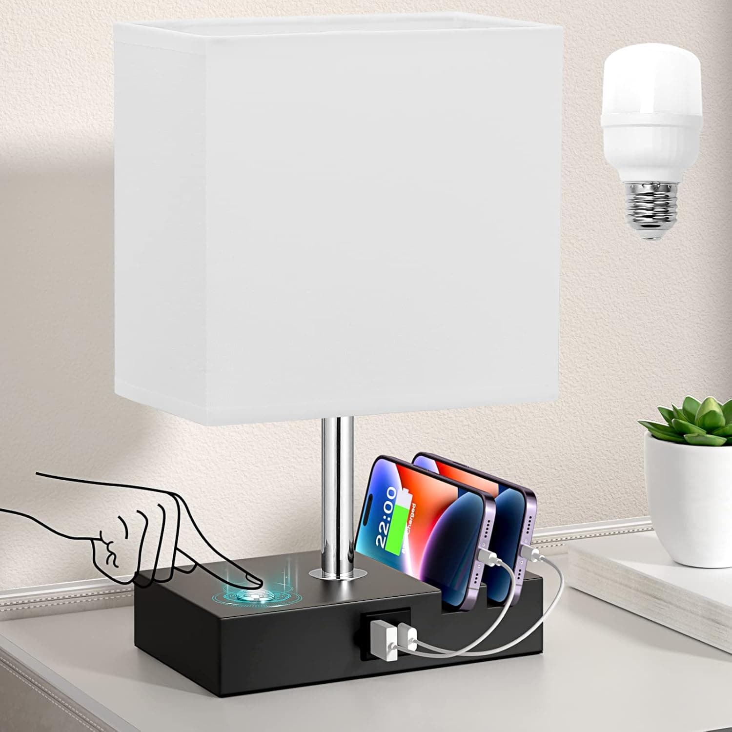 aooshine White Touch Lamp with USB C+A Charging Ports-Table Lamp for Bedroom with 3 Levels Brightness, 3 Way Dimmable Bedside Nightstand Lamp with 2 Phone Slots (Include Bulb)