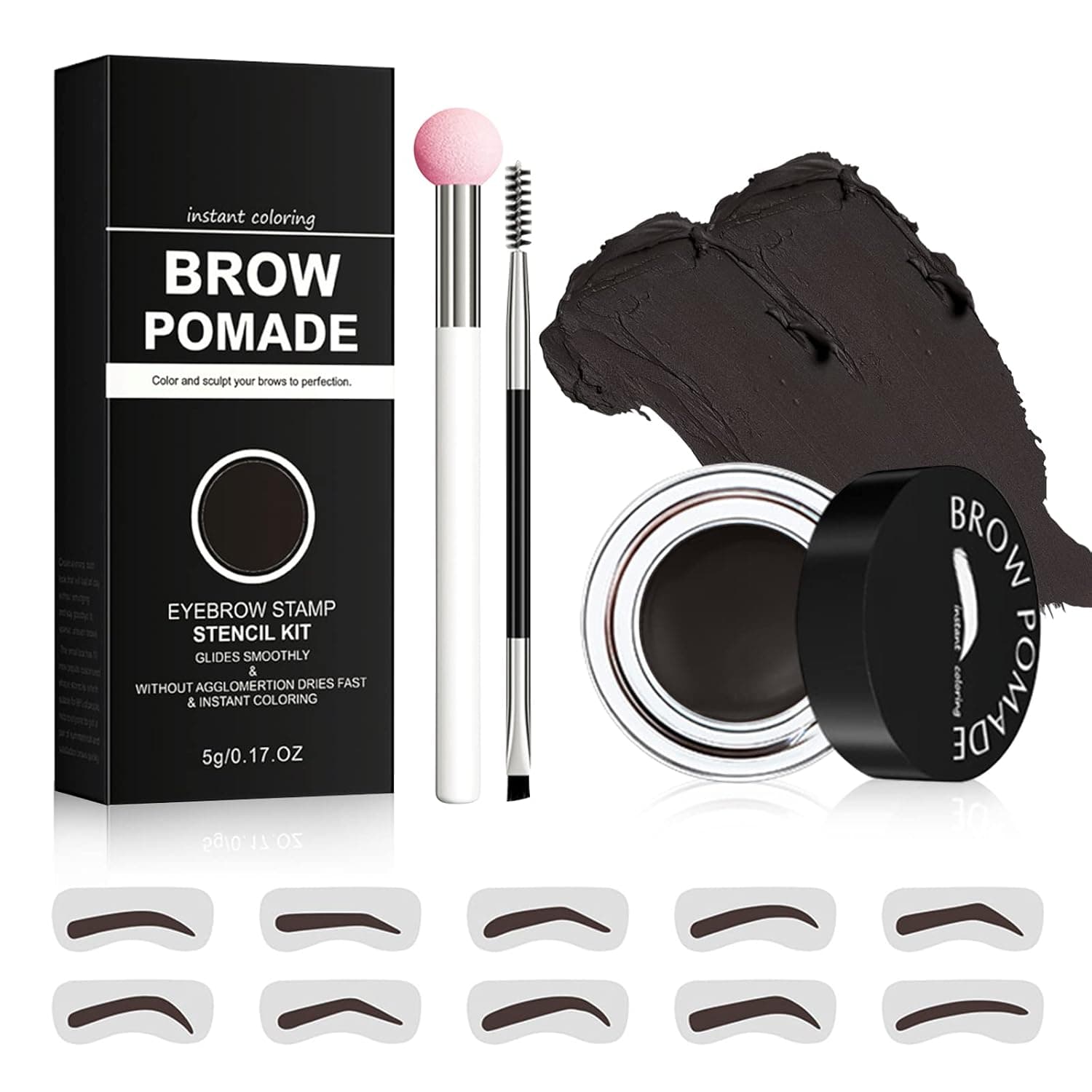 Eyebrow Stamp Stencil Kit, Ofanyia Professional Brow Pomade with 10 Brow Stencils, Sponge Applicator and Brushes, Long Lasting Waterproof Smudge Proof Eyebrow Stamp Kit for Fuller Natural Looking Brows (05# ebony tree)