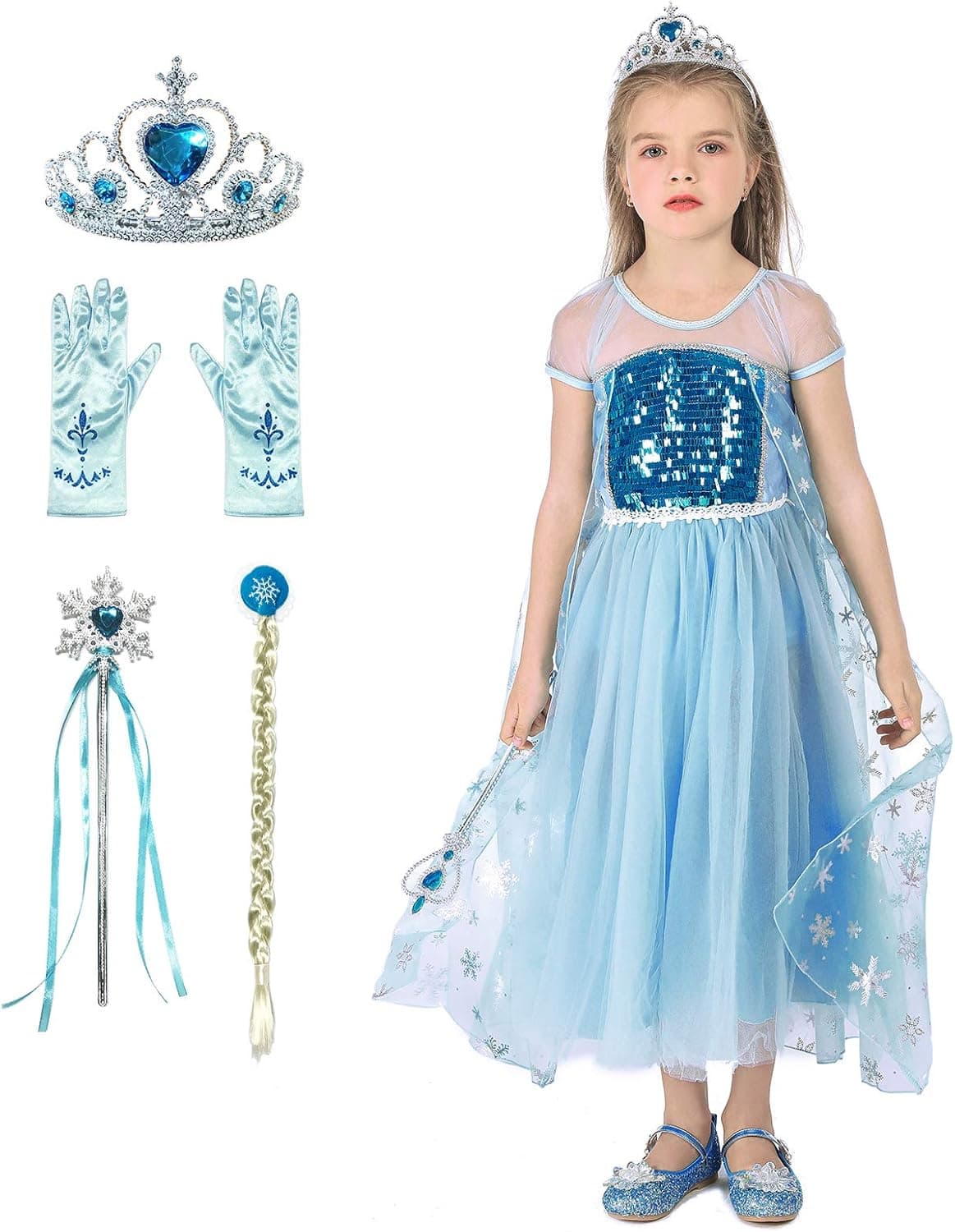 Girls Princess Dress Queen Costume Party Fancy Dress Up with Accessories，5-6 Years Blue
