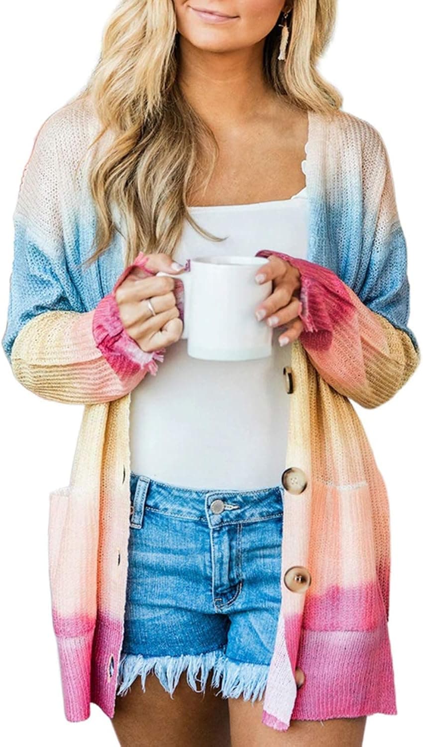 Elapsy Womens Color Block Striped Draped Kimono Cardigan Long Sleeve Open Front Button Down Knit Sweaters Coat Soft Outwear Multi S