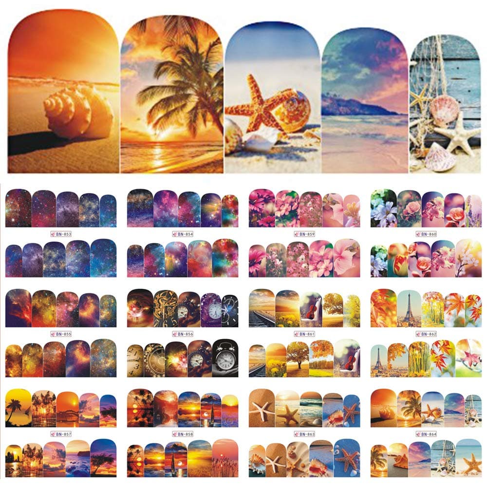 12 Designs Nail Polish Sticker Water Decals Summer Beach Starry Sky Floral Slider Nail Art Decor Full Wraps Manicure