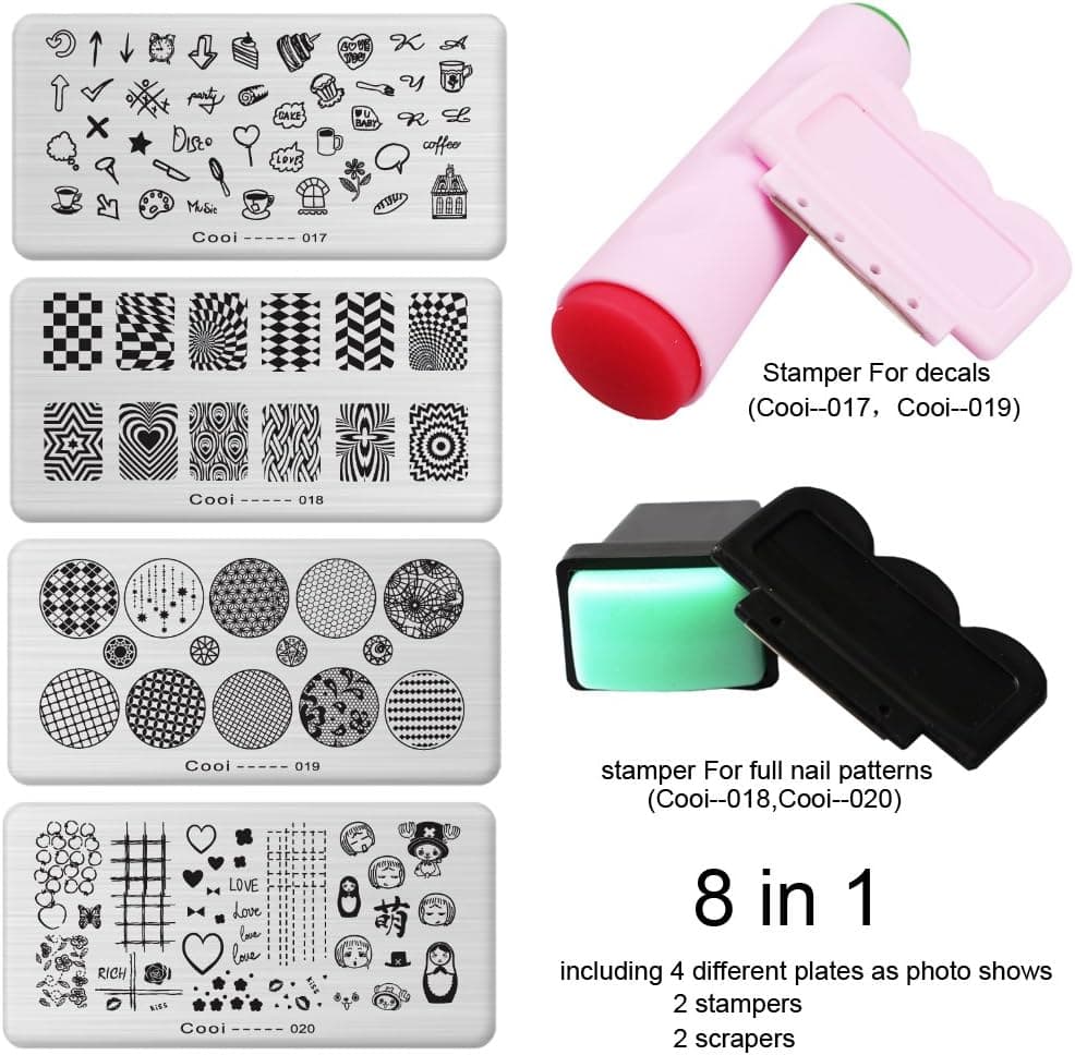 Bluezoo (8 in 1) Nail Stamping Plates with Stamper and Scraper Kit Cooi017-020(pack of 4 Different Plates,2 Stamper and 2 Scraper)