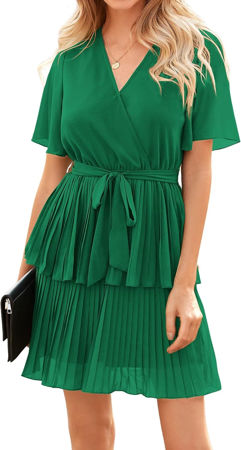 MASCOMODA Casual Summer Dresses for Women 2023 Short Sleeve Wrap V Neck Pleated Short Dress Tie Waist Tiered Mini Party Dress