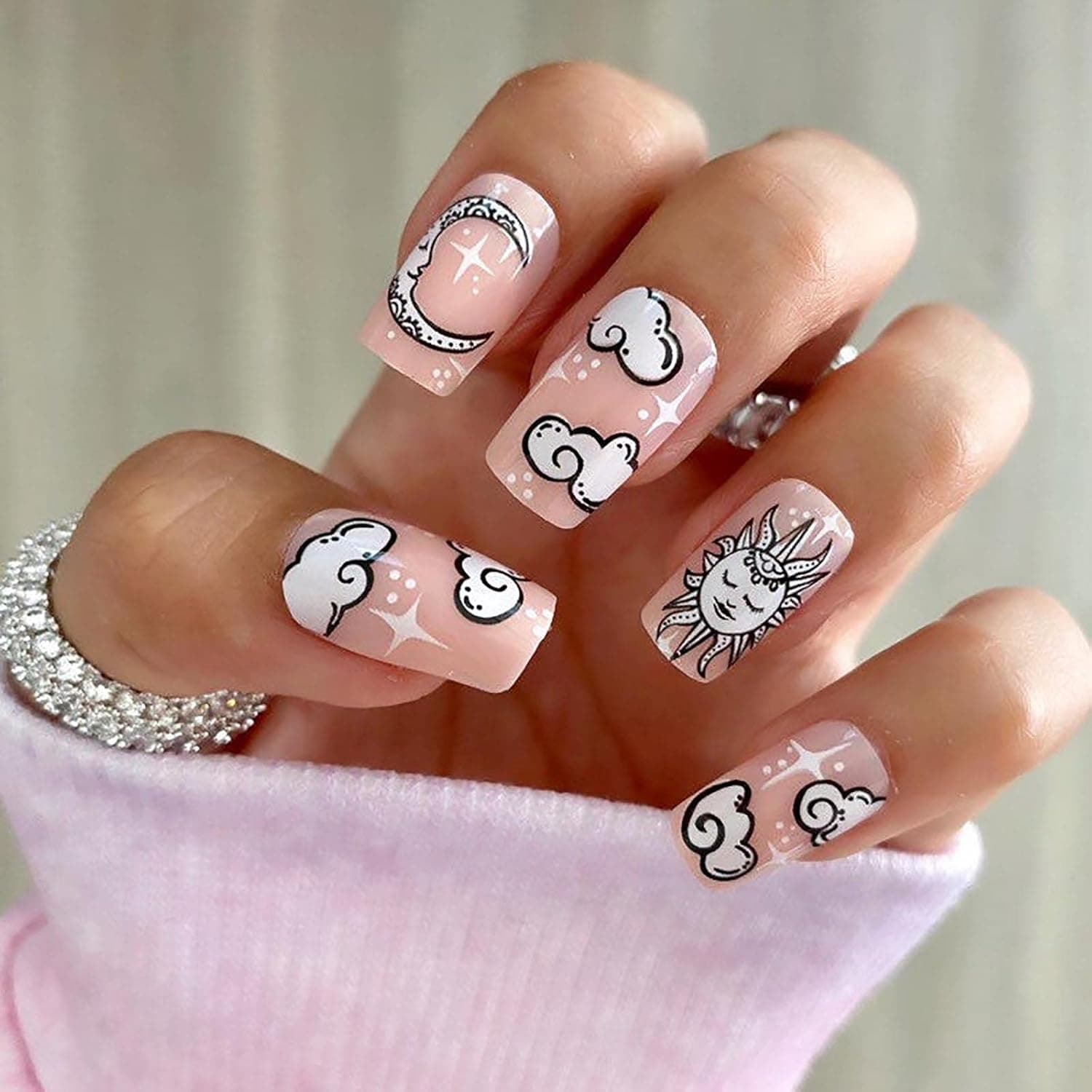 Harosy Pink Press on Nails Short Square Fake Nails with Cloud Moon Glossy Full Cover False Nails for Women and Girls 24Pcs