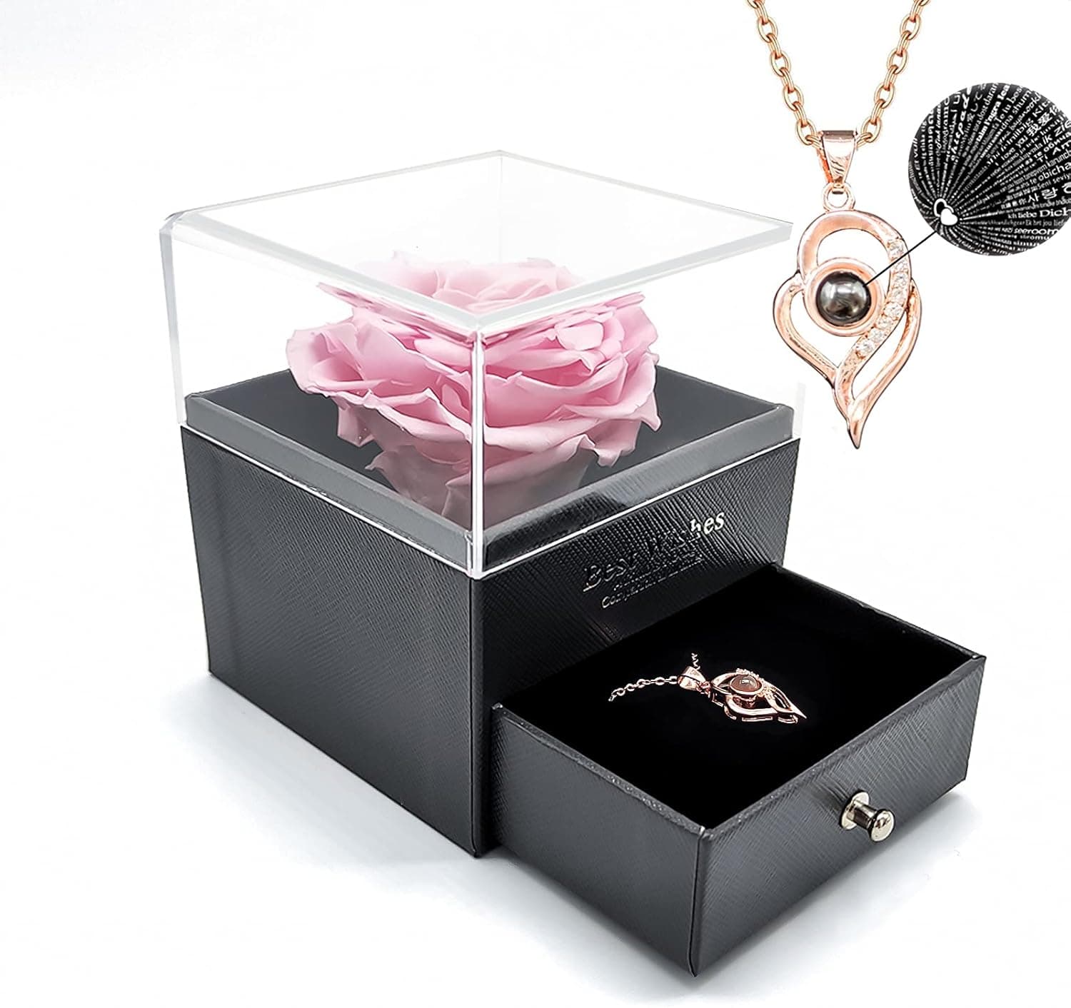 HisoKite Preserved Real Rose with Necklace, Eternal Rose I Love You Necklace 100 Languages In Gift Box, Enchanted Forever Rose Flower for Mother's Day Valentine'S Day Anniversary Romantic Gifts (Pink)