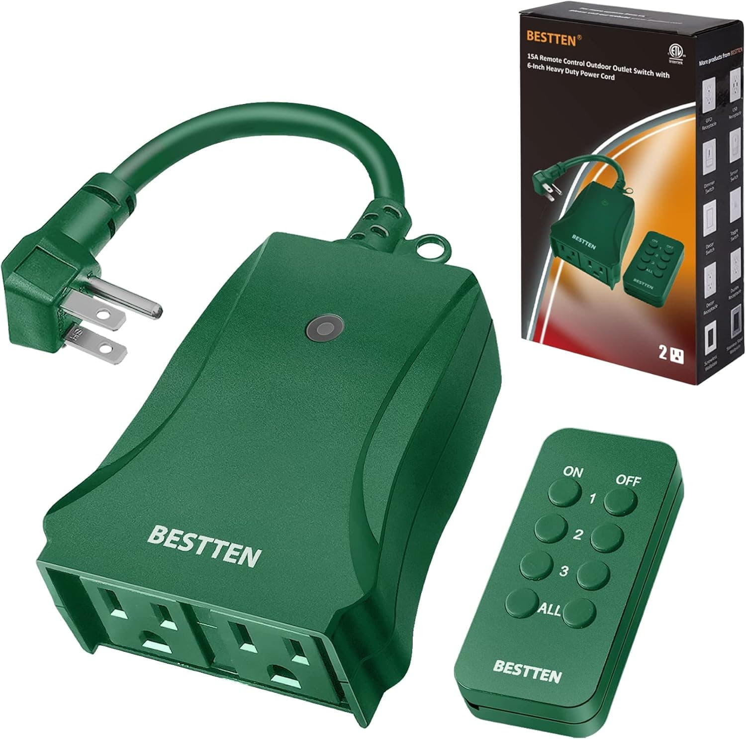 BESTTEN Outdoor Indoor Remote Control Outlet, Wireless Electrical Outlet Switch with 6-Inch Heavy Duty Power Cord, 2 Grounded Outlets, Weatherproof Dual 3-Prong Plugs, ETL Certified, Green