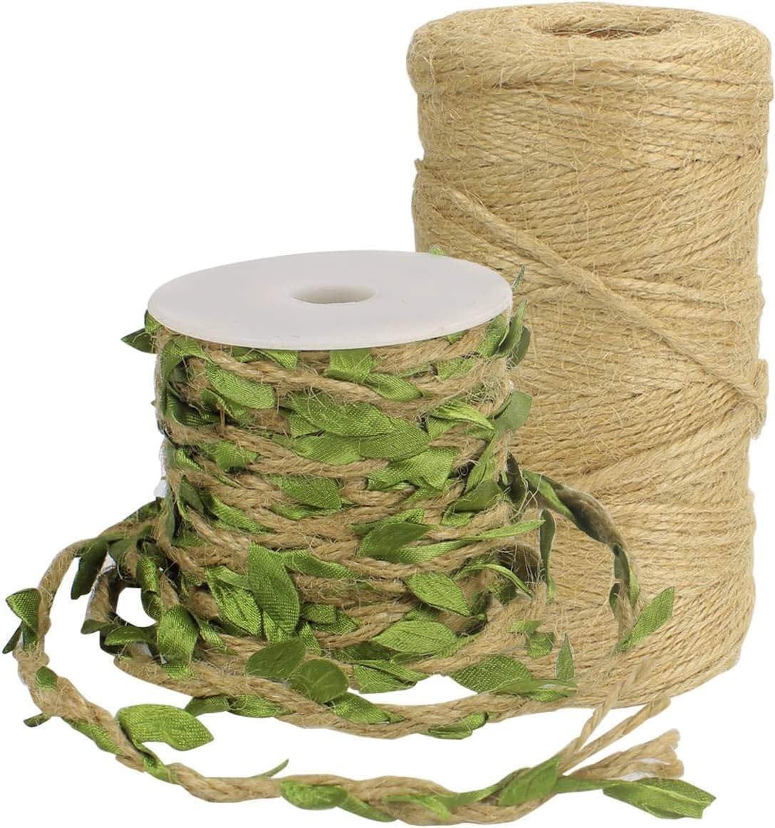 BIHRTC Natural Jute Twine Burlap Leaf Ribbon with Artificial Vine Green Leaves Arts Crafts Gift Twine Christmas Twine Durable Packing String for Wedding Home Garden Applications