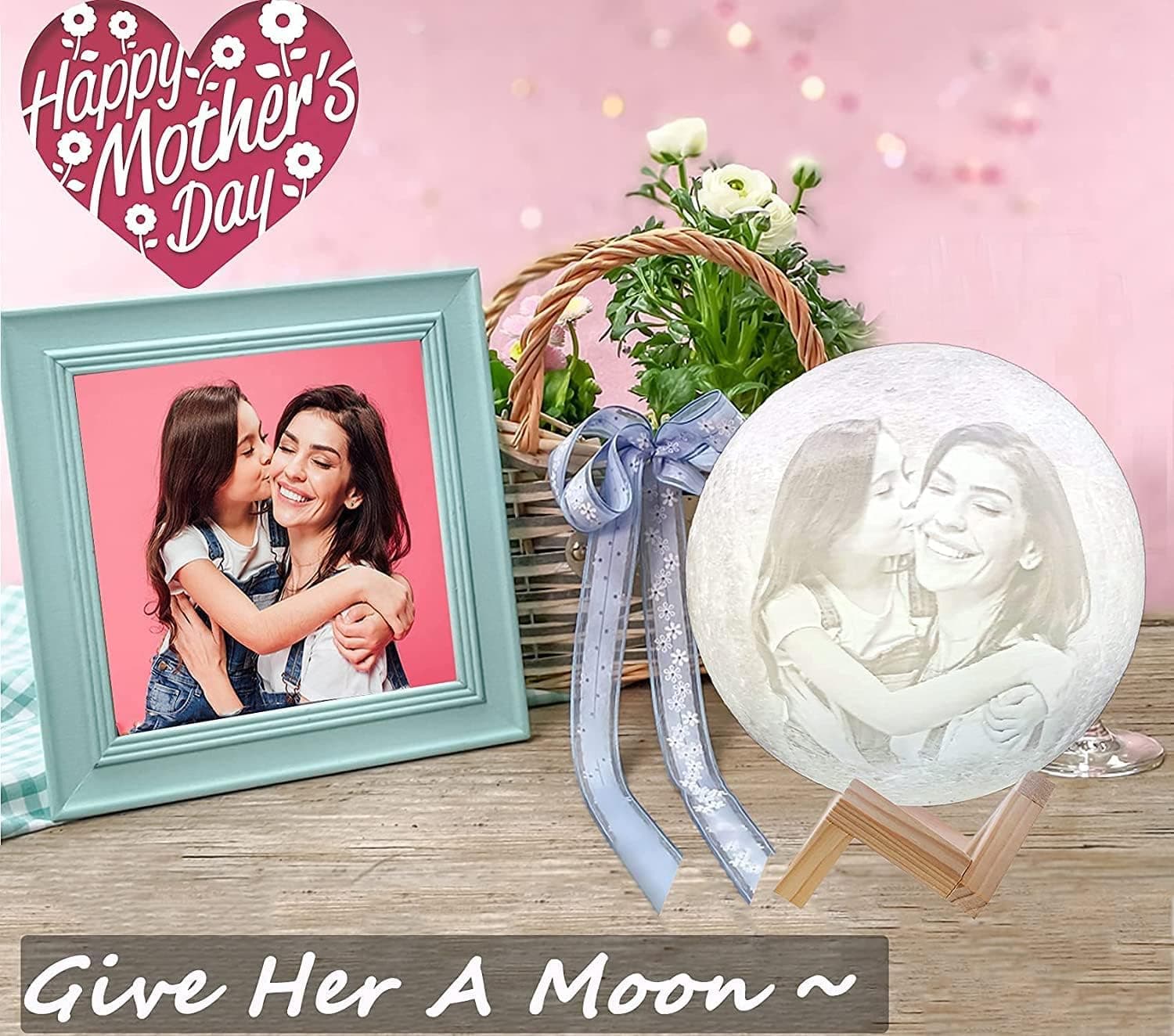 AED Mothers Day Gifts from Aaughter for Mom Personalized Moon Lamp with Photo Text Wooden Stand & Remote/Touch Control 16 Colors (Diameter 5.9 inch)