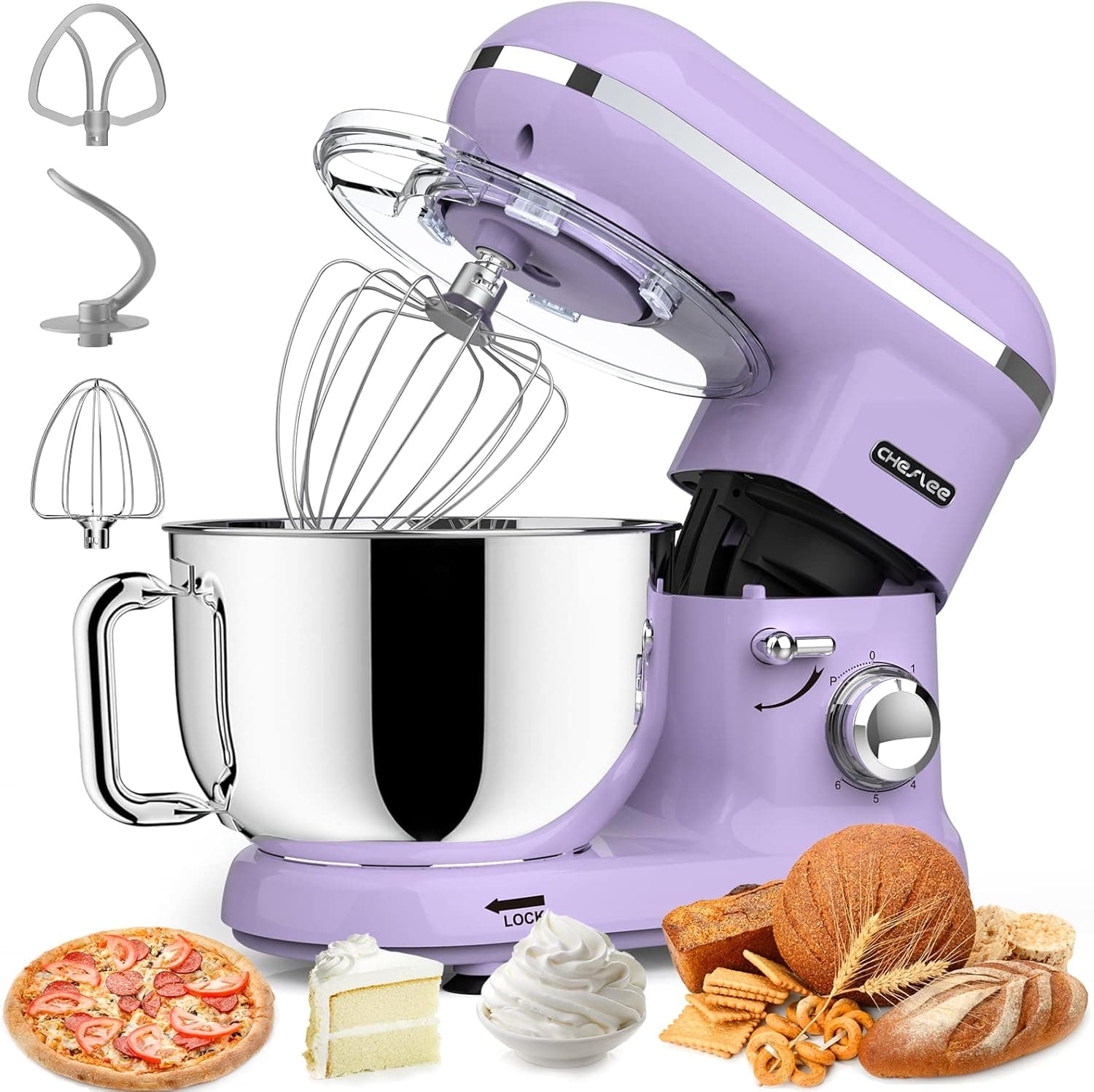 CHeflee Stand Mixer, 6 Quart, 600W 6+P Speed Household Electric Food Mixer with 6 Accessories for Dough, Cream, Cake, Kitchen Electric Mixer, Lavender