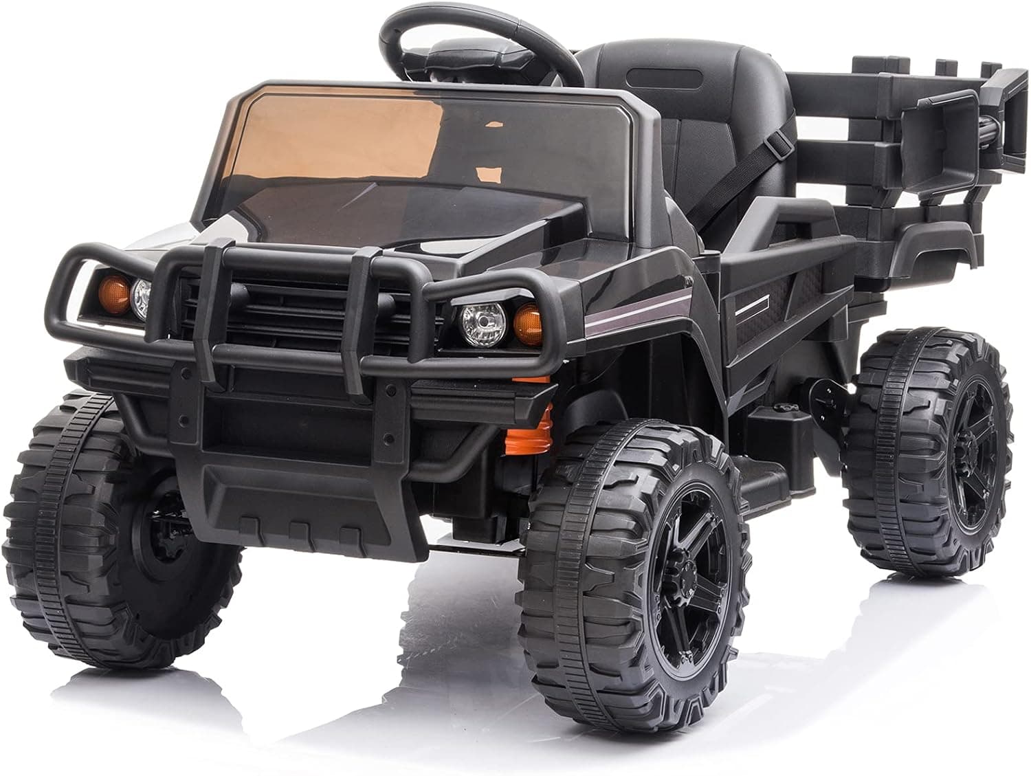 FORESEE Kids Ride On Truck Car w/Parent Remote Control 12V Electric Cars for Kids with Trailer, 3 Speeds, Spring Suspension, Led Headlight. (Black)