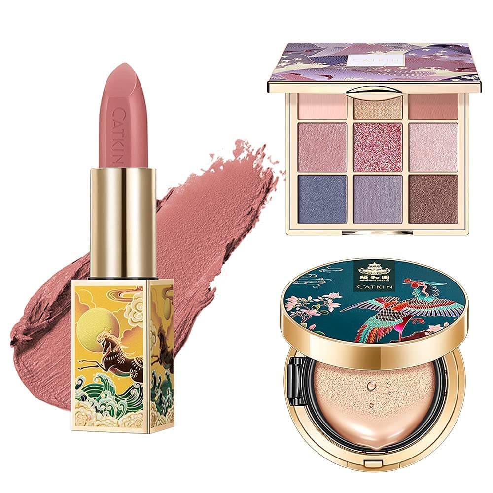 Catkin 3Pcs Makeup Set Includes BB Cream Air Cushion Foundation C01, Matte Lipstick CO157 and Eyeshadow Palette C08