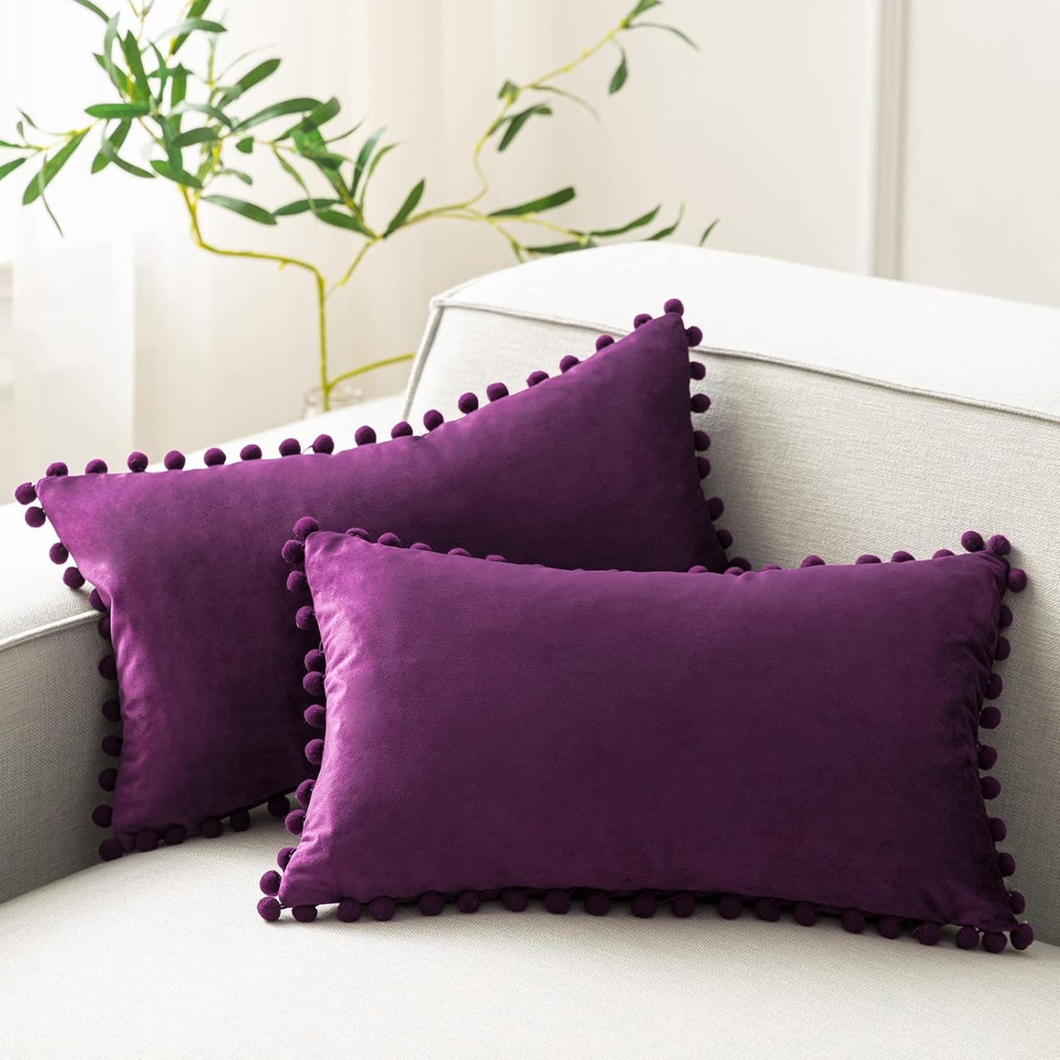 Phantoscope Pack of 2 Pom Poms Velvet Decorative Throw Pillow Covers Soft Solid Rectangle Cushion Case Pillow Decor, Dark Purple, 12 x 20 inches 30 x 50 cm