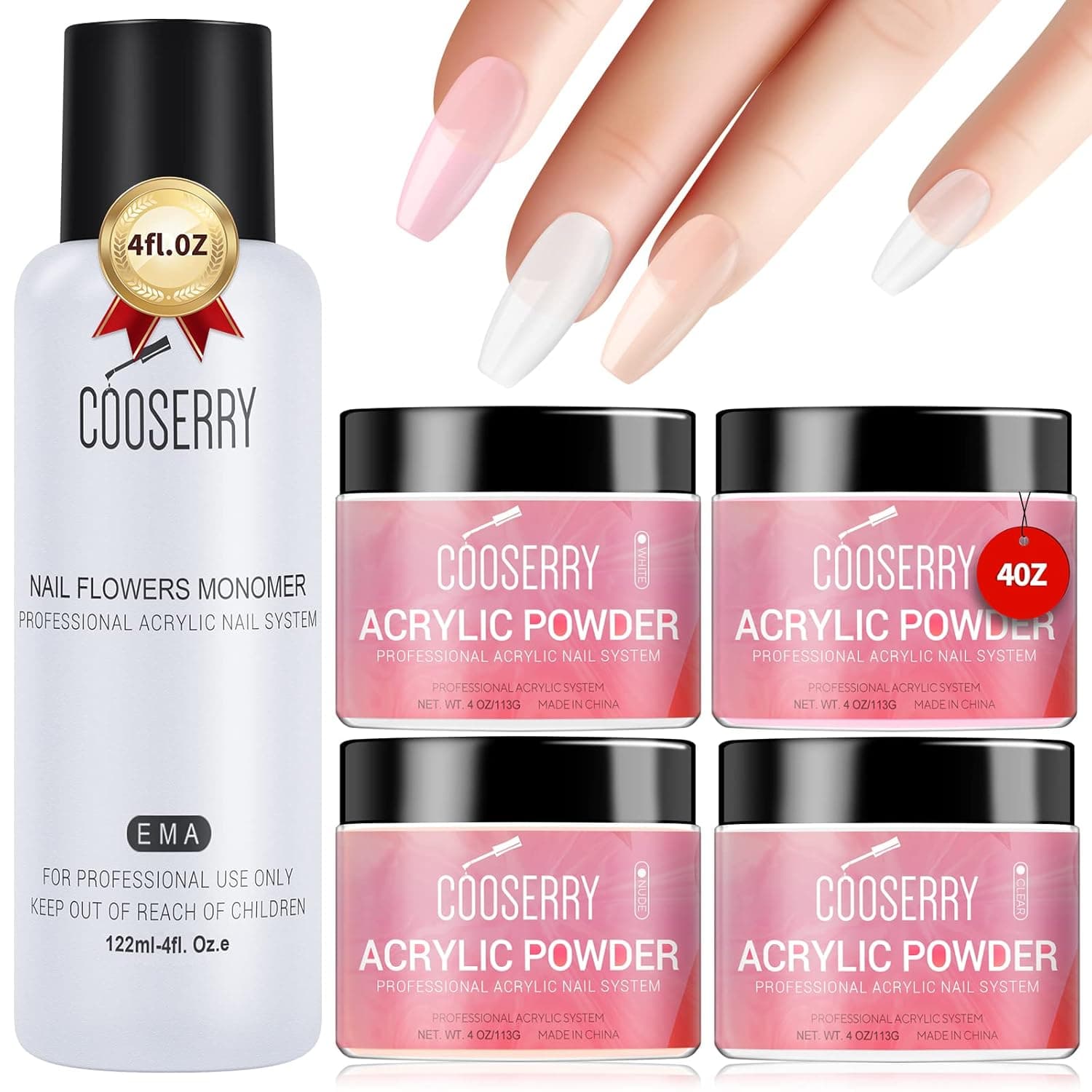 Cooserry Acrylic Powder Set - 4 Colors Acrylic Nail Powder Professional Polymer Colored Acrylic Nail Powder for Acrylic Nail Extension Carving