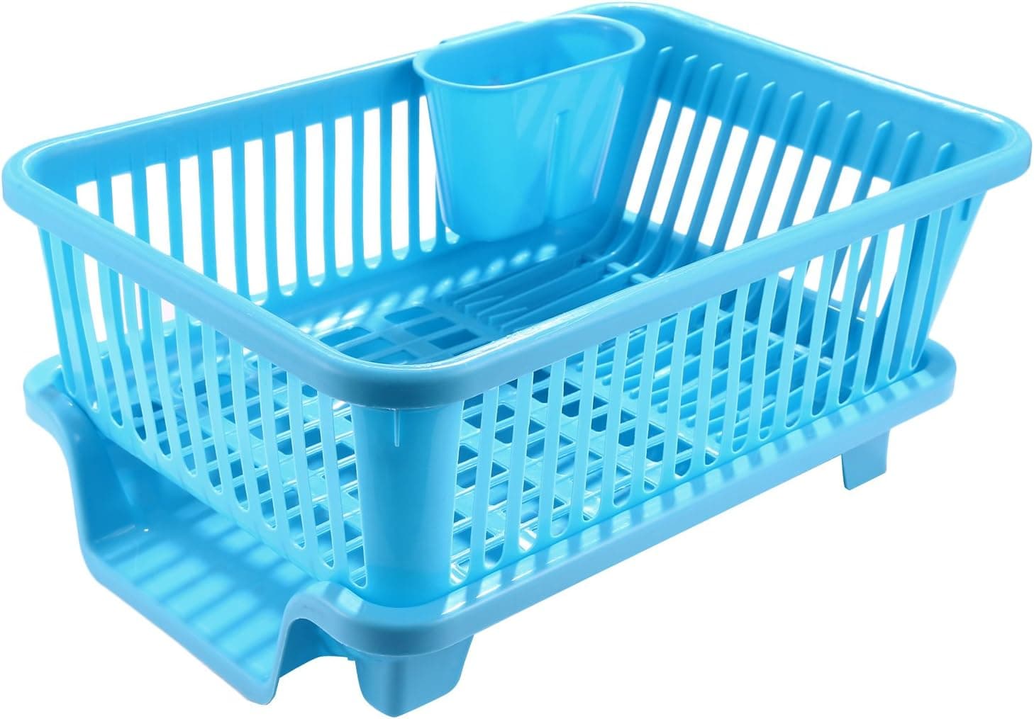 Dorfin 3-piece Sink Set Dish Rack Drainer Plastic Dish Rack with Drain Board and Utensil Cup (Blue)