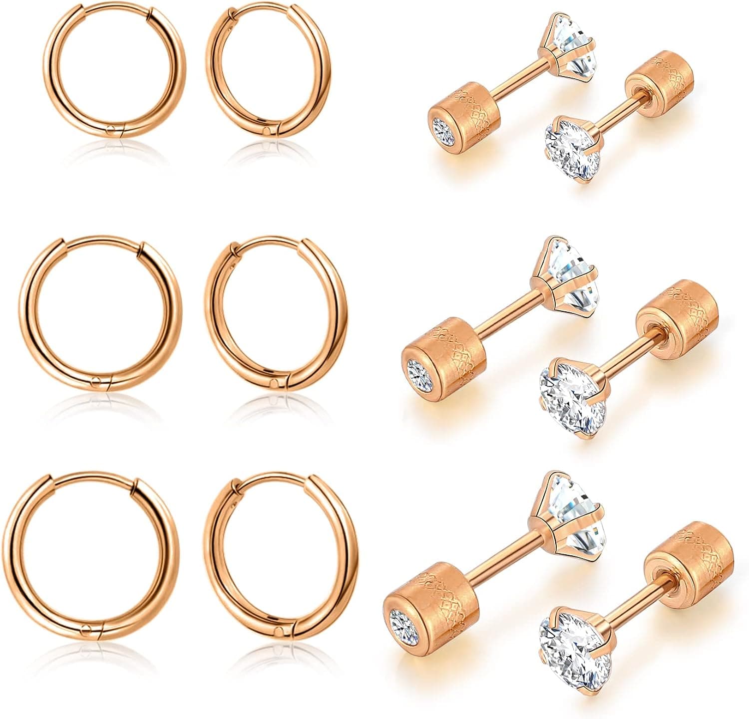 ZNBOH 6 Pairs Earrings Sets for Multiple Piercing, Lightweight 14K Gold Plated Small Huggie Hoop Earrings, Flat Back Tiny Ball CZ Stud Earrings for Cartilage, Helix, Lobe, Hypoallergenic